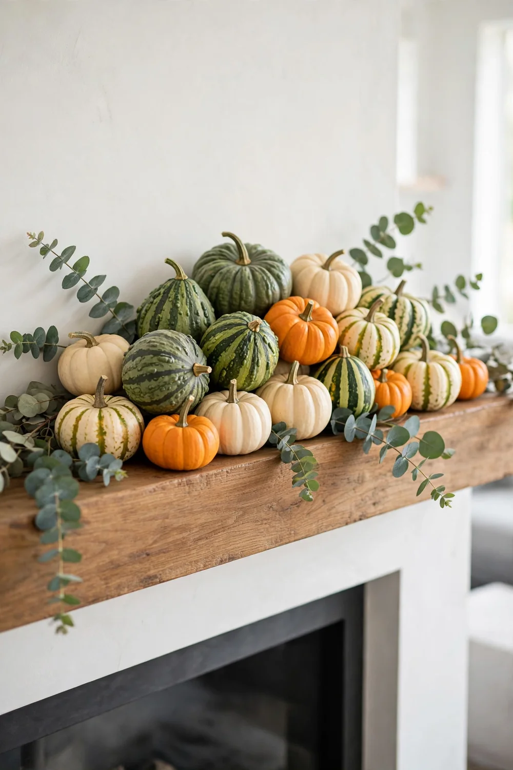 Heirloom gourd and pumpkin mantel cluster Thanksgiving mantel decor with a clustered group of heirloom gourds and mini pumpkins