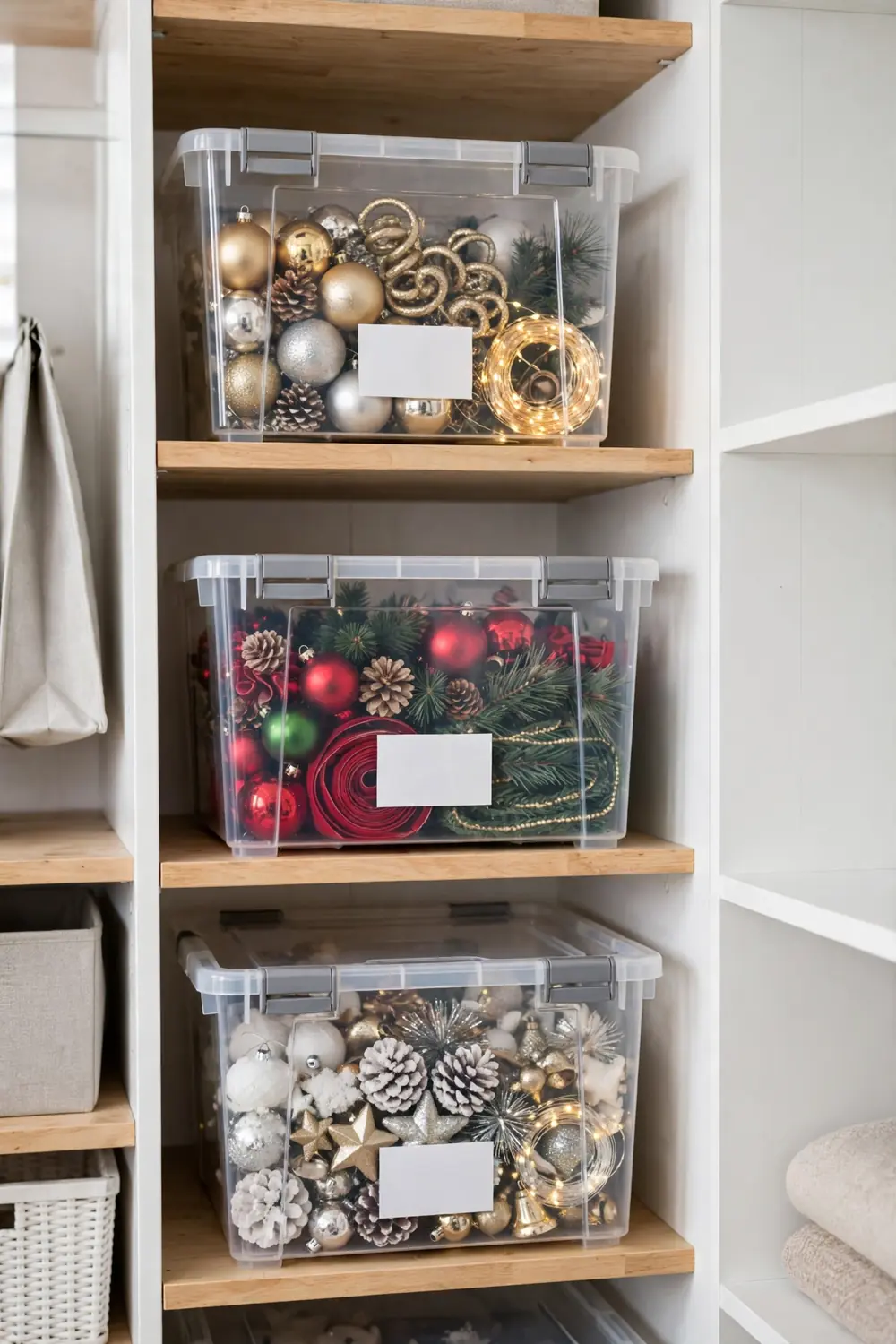 Labeled Clear Storage Bins Clear stackable storage bins with bold black labels holding holiday decorations, a clever holiday decor storage idea