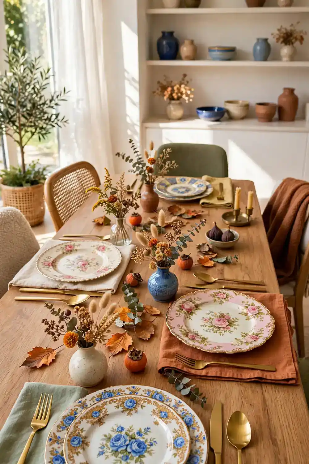 Festive friendsgiving table decor ideas with mismatched thrifted vintage plates