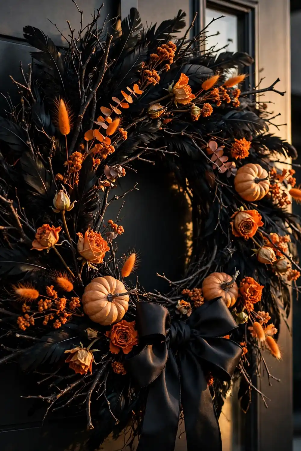 Oversized Halloween Wreath Oversized black Halloween wreath with orange florals and small pumpkins on a dark door, halloween front porch decor