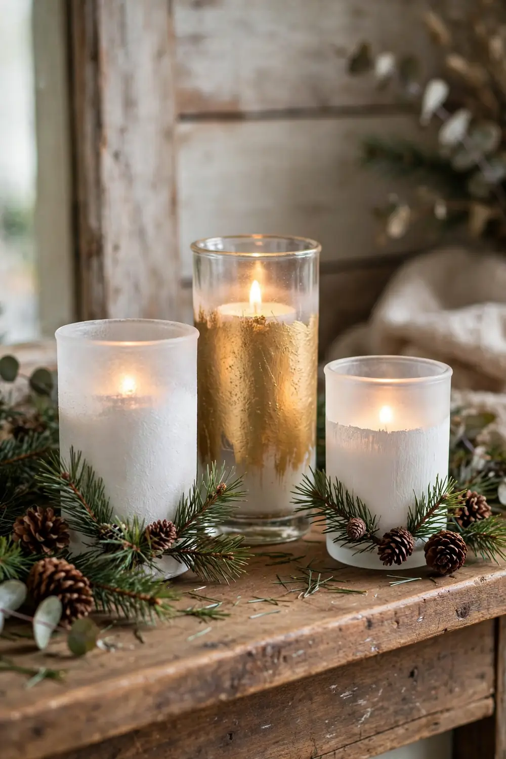 Painted Glass Candle Holders DIY painted glass candle holders with glowing tea lights and pine sprigs, elegant dollar tree christmas decor diy