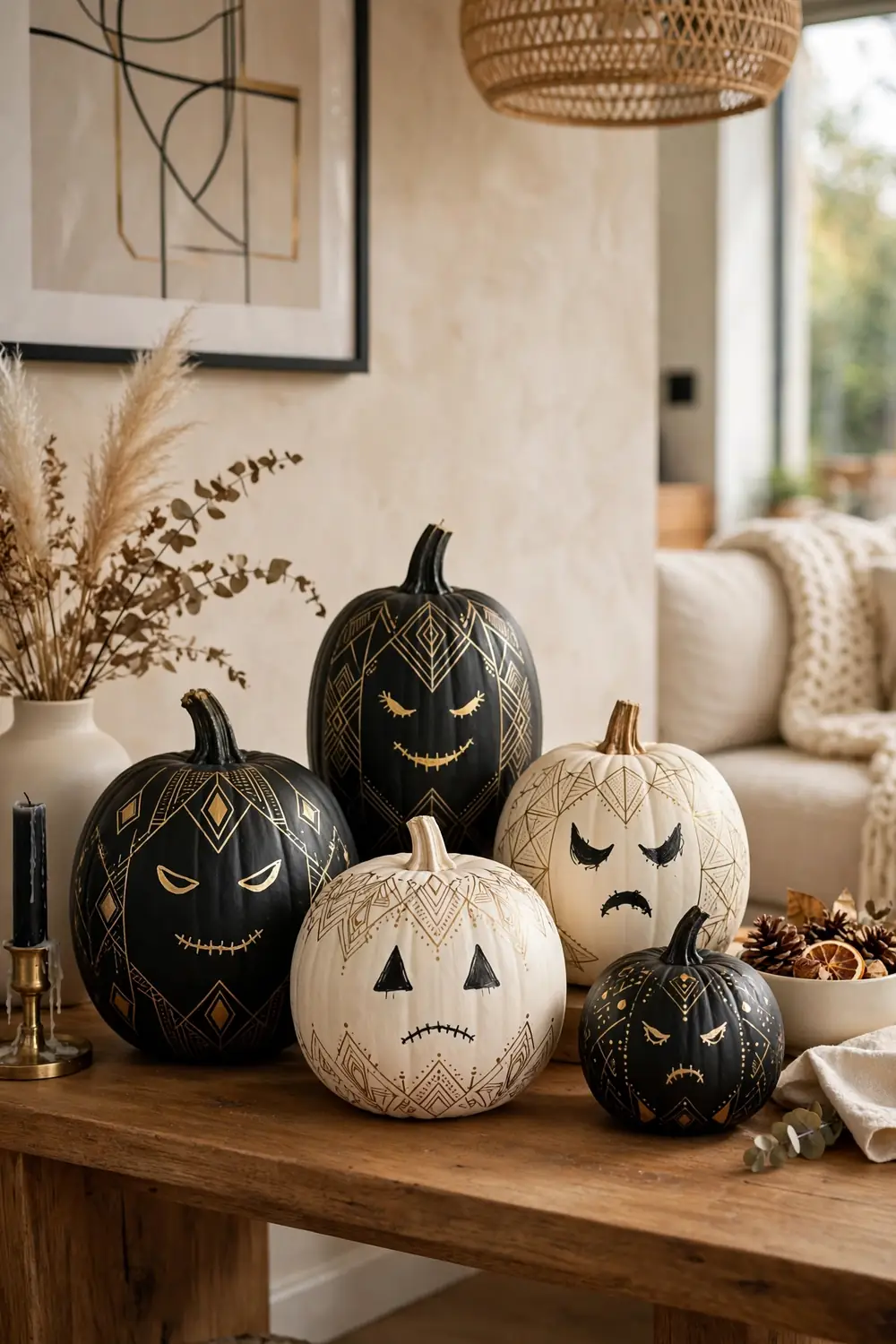 Painted pumpkins with spooky faces and chic patterns, a no carve last minute halloween decor idea