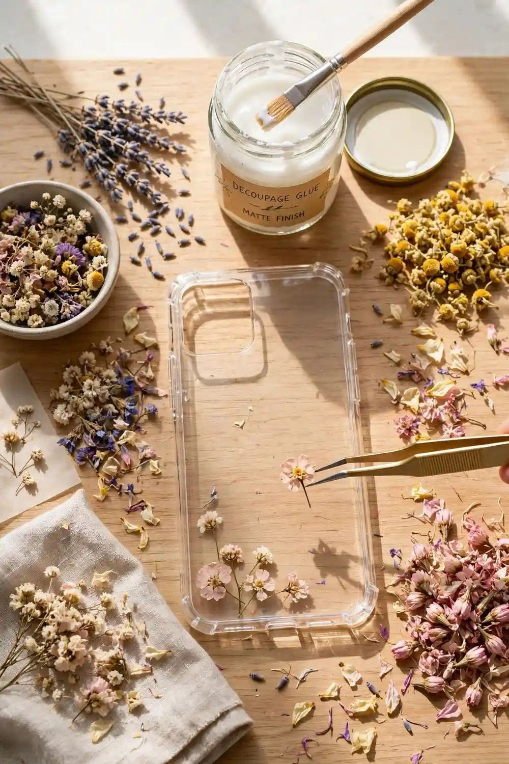 DIY pressed flower phone case with tiny dried blossoms
