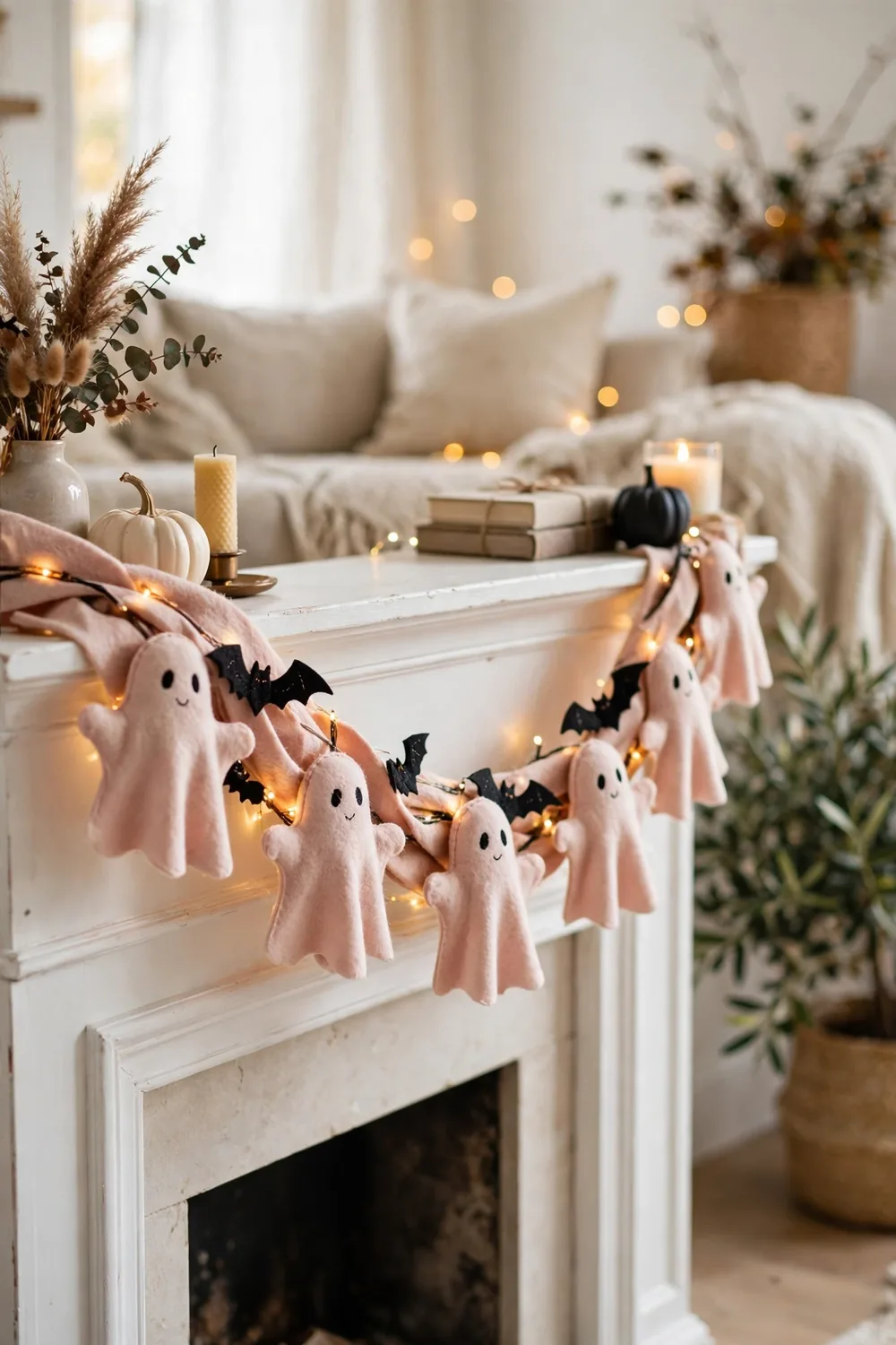Pink ghost garland hanging across a mantel with fairy lights, playful pink halloween decor ideas