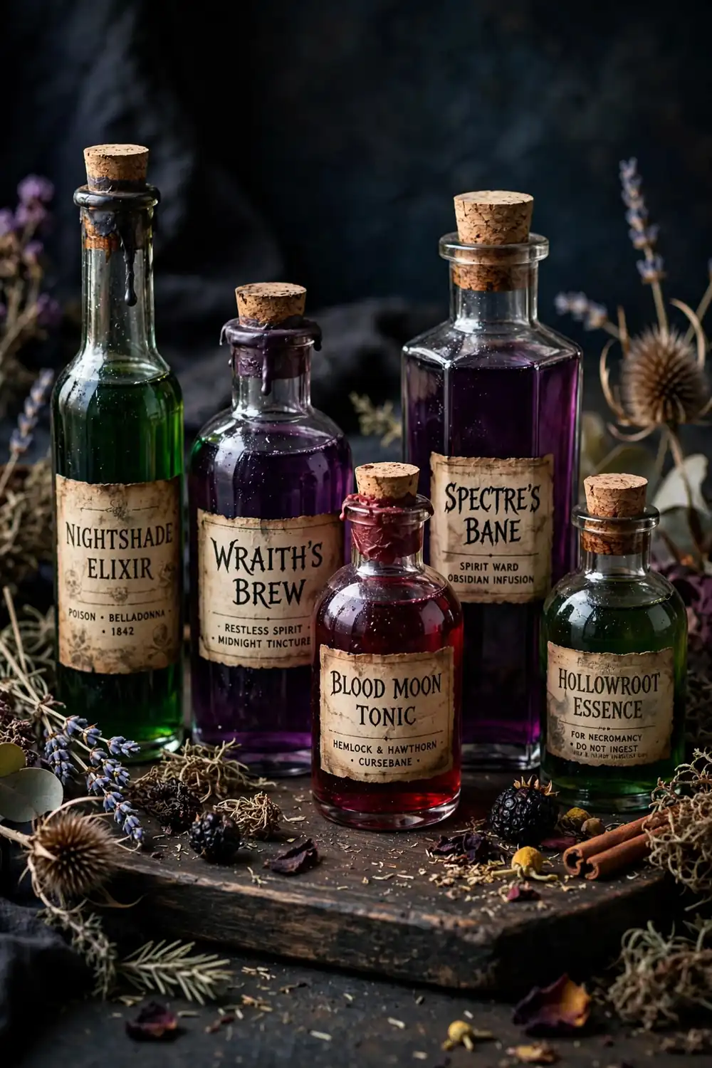 DIY Halloween decorations with apothecary potion bottles and labels