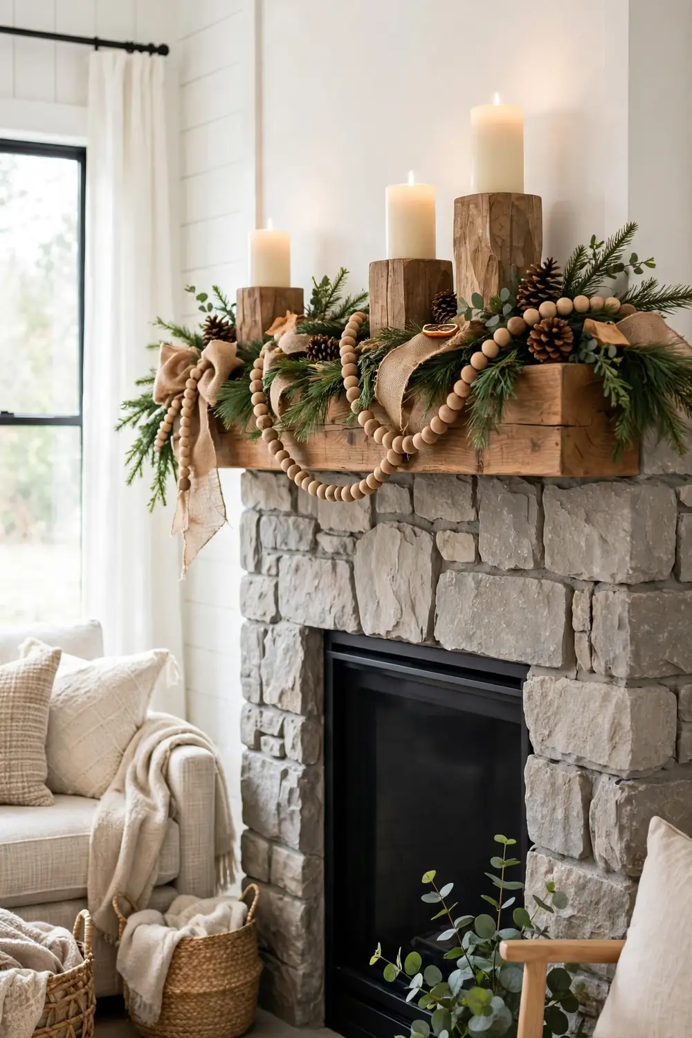 Rustic Farmhouse Christmas Mantel Rustic farmhouse Christmas mantel decor ideas with wood candle holders and pinecones