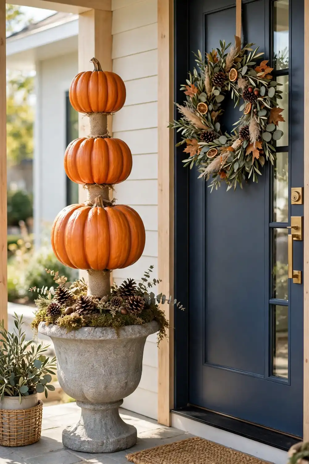 Three graduated faux pumpkins stacked into a topiary in a weighted urn filled with moss and pinecones by a front door