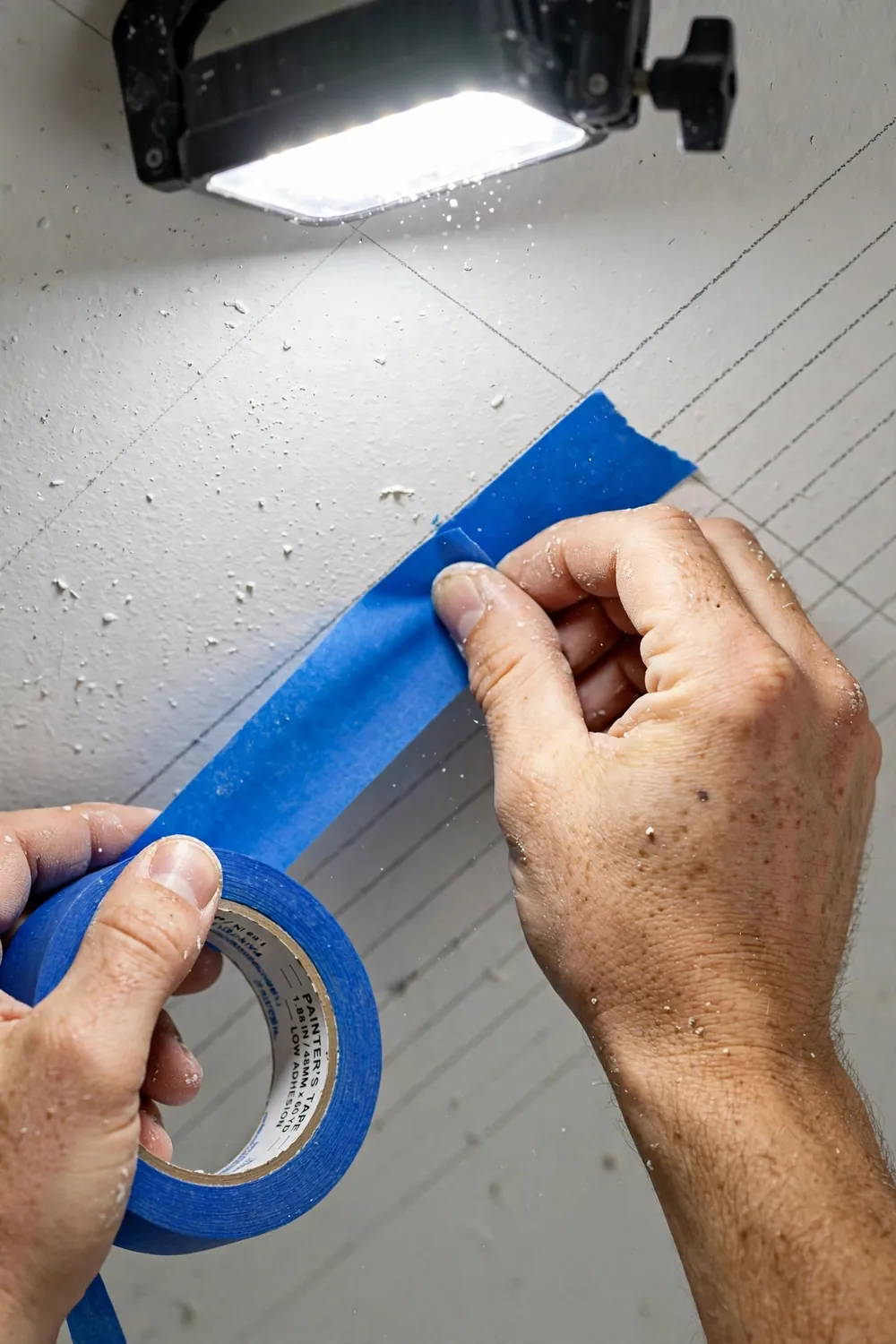 Striped ceiling DIY taping straight lines with painters tape