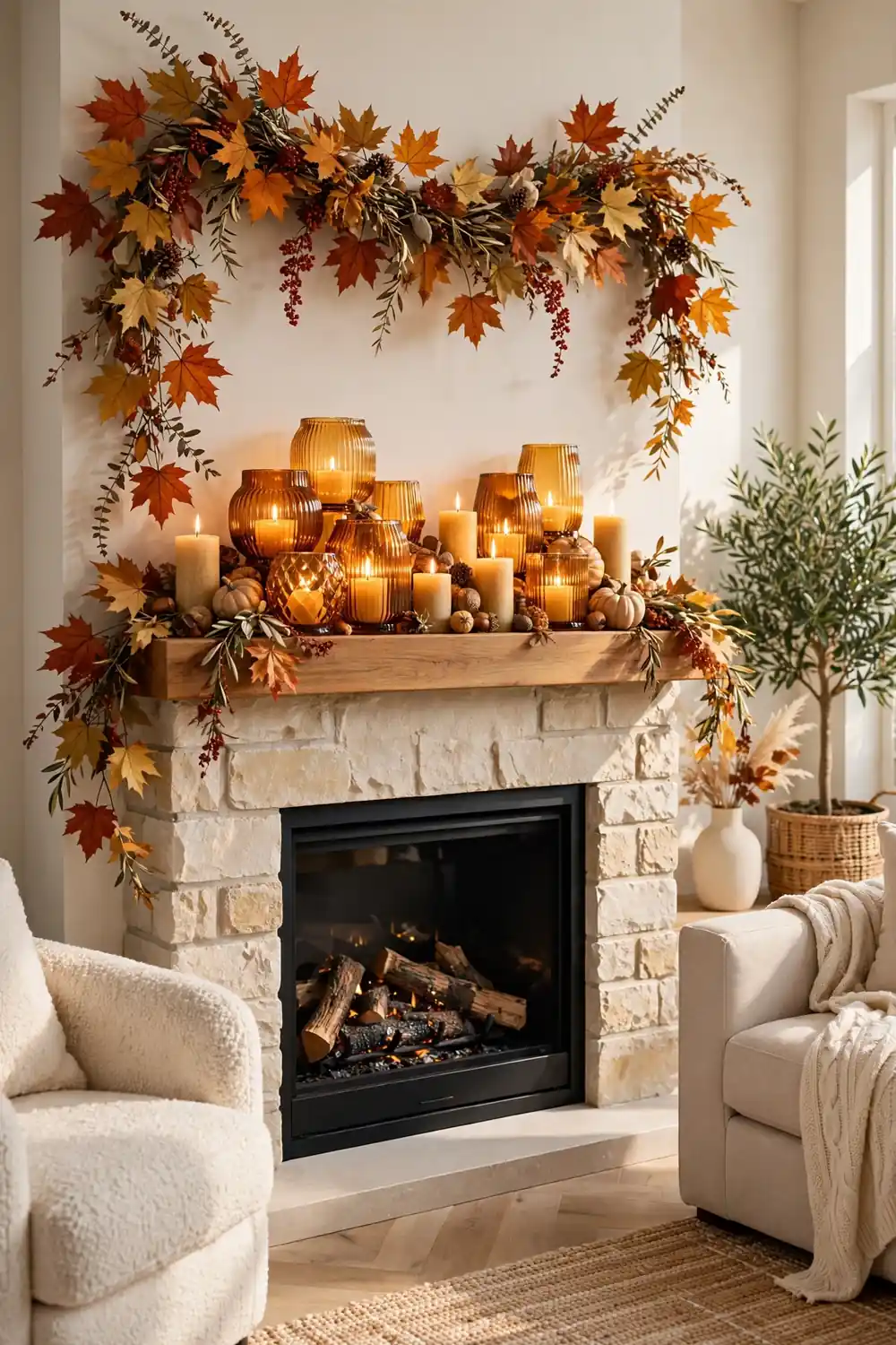 Mantel with amber glass candle cluster glowing warmly, one of these thanksgiving living room decor ideas