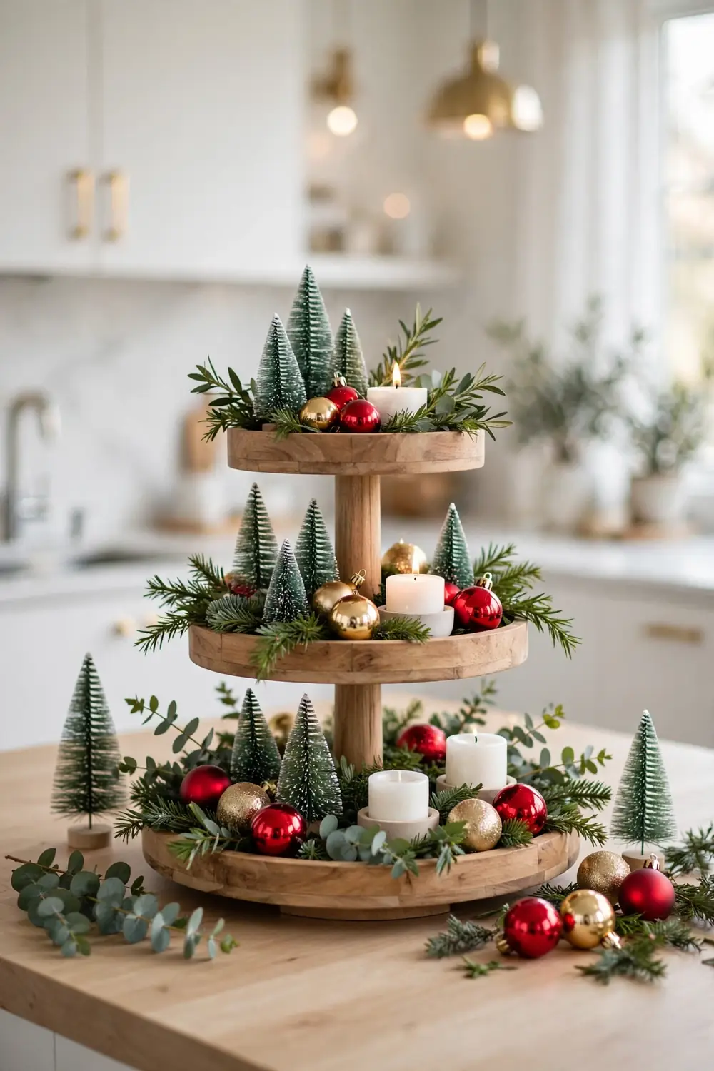 Tiered Tray Vignette with Mini Trees and Red Ornaments Christmas kitchen decor ideas with a tiered tray vignette styled with mini trees, red ornaments and greenery