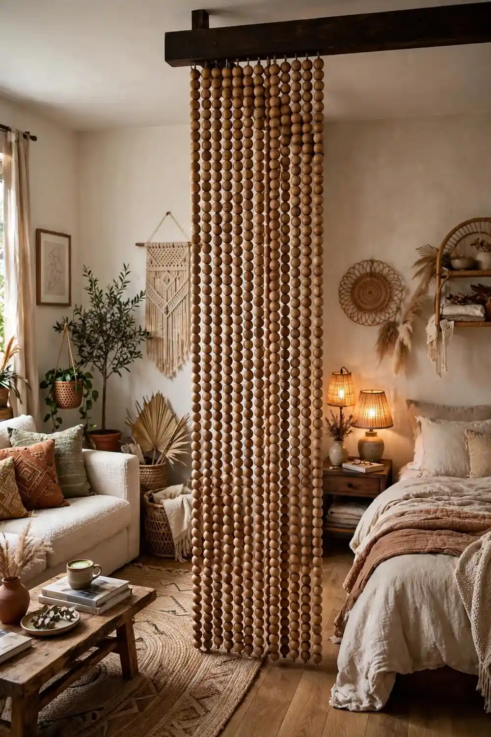 Wooden bead curtain used as room divider in studio apartment