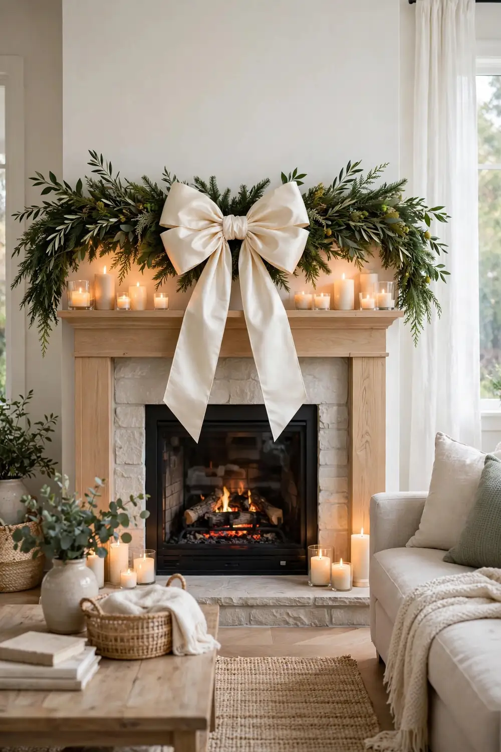 Fireplace mantel with lush green garland and one enormous cream satin bow as the centerpiece in a cozy living room