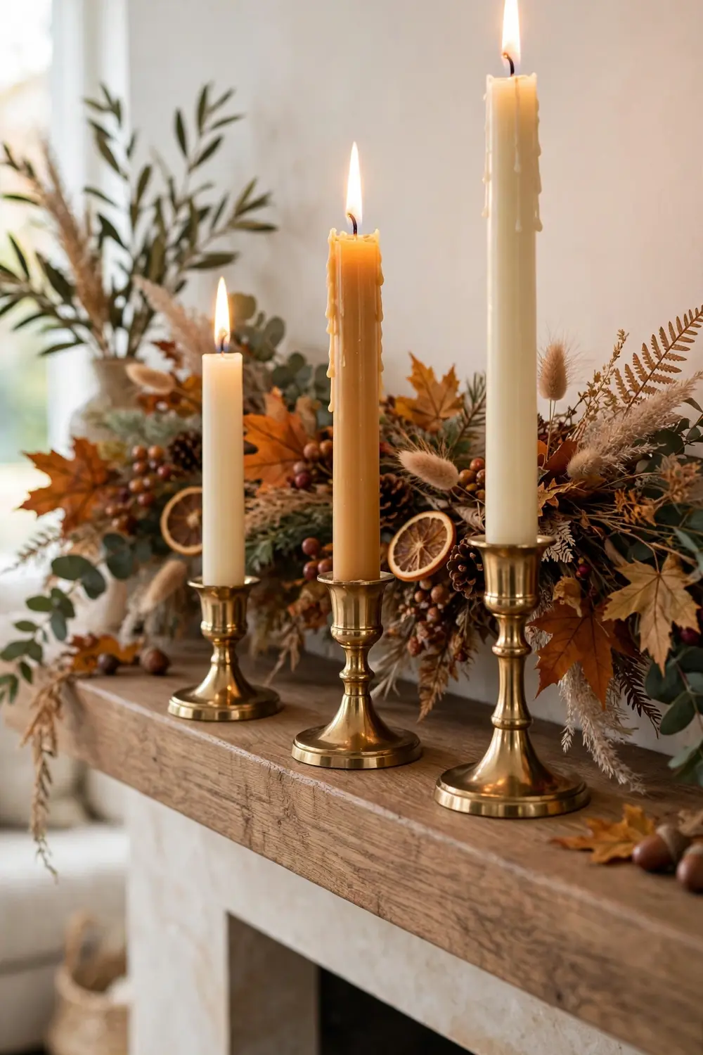 Brass taper candle lineup Thanksgiving mantel decor with brass taper candles in varying heights