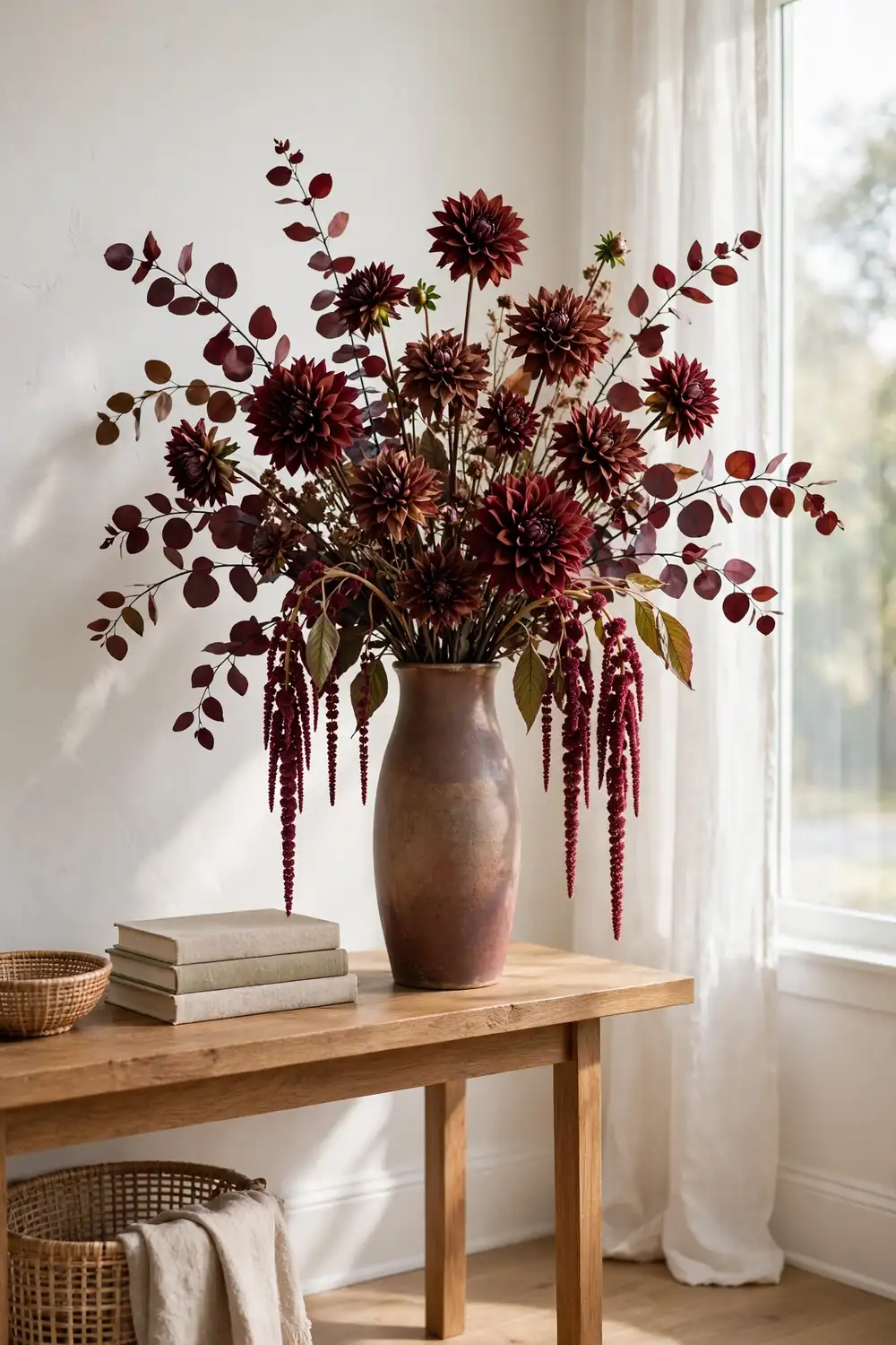 Tall ceramic vase filled with dried burgundy dahlias, amaranthus, and burgundy eucalyptus on a wooden console table in a bright room