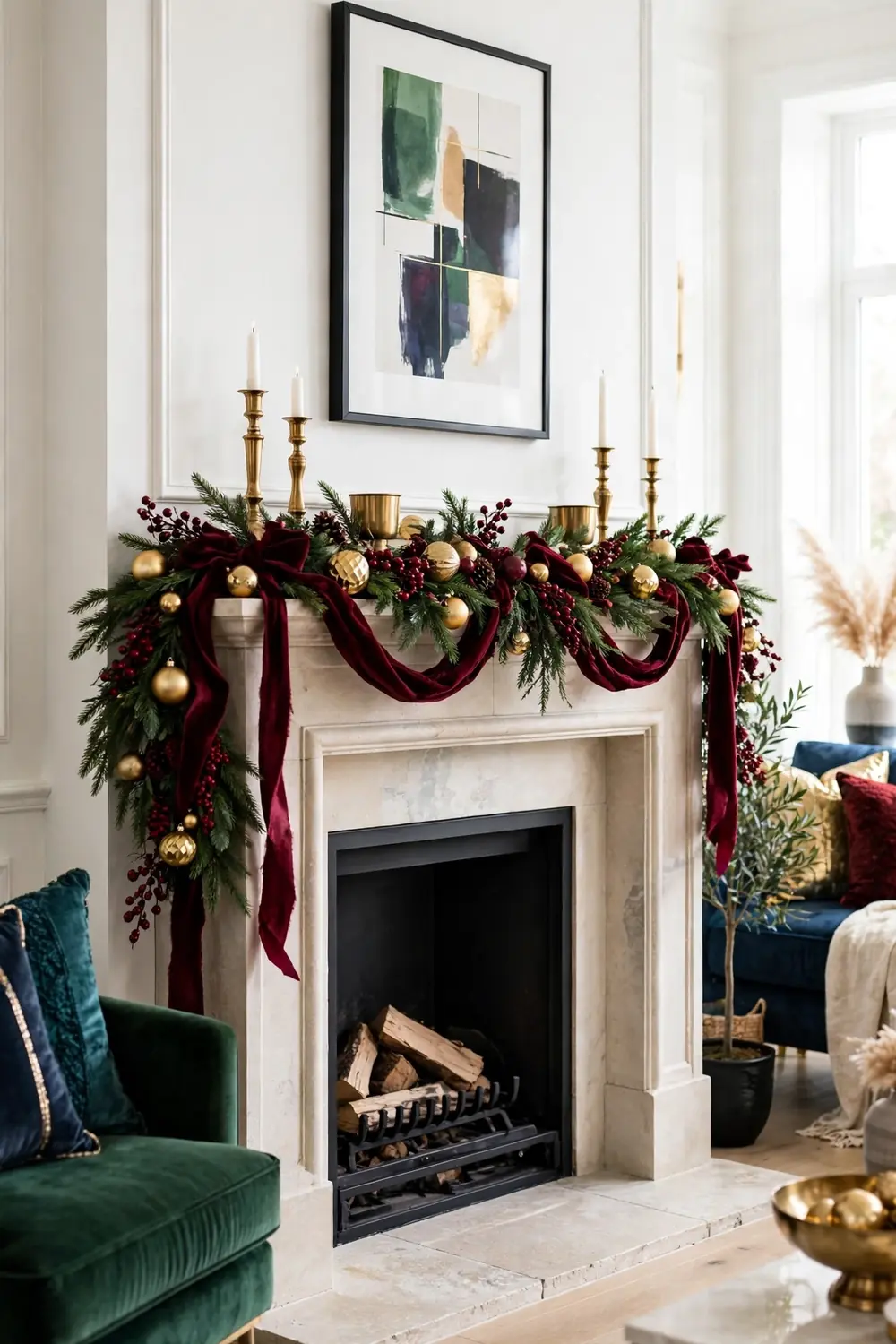 Burgundy and Gold Elegant Christmas Mantel Elegant burgundy and gold Christmas mantel decor ideas with velvet ribbon