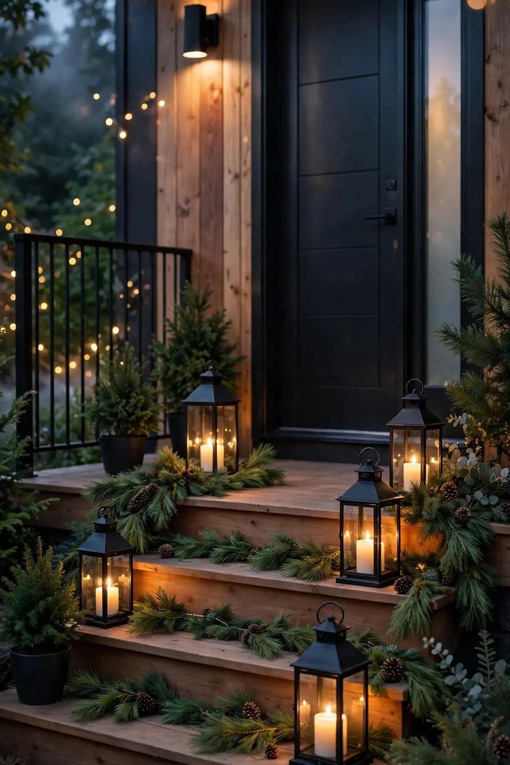 Lantern Clusters With Candles on the Steps Christmas Porch Decor Idea Lantern clusters with glowing candles on porch steps, a warm christmas porch decor idea
