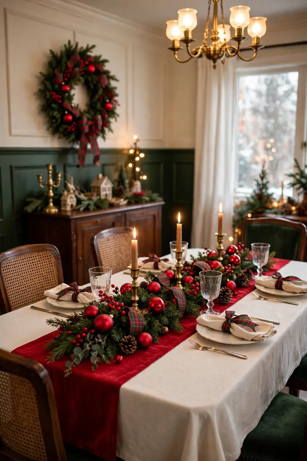 Christmas dining room decor, classic red and green Christmas dining room decor in a classic red and green scheme with greenery and red ornaments on a holiday table