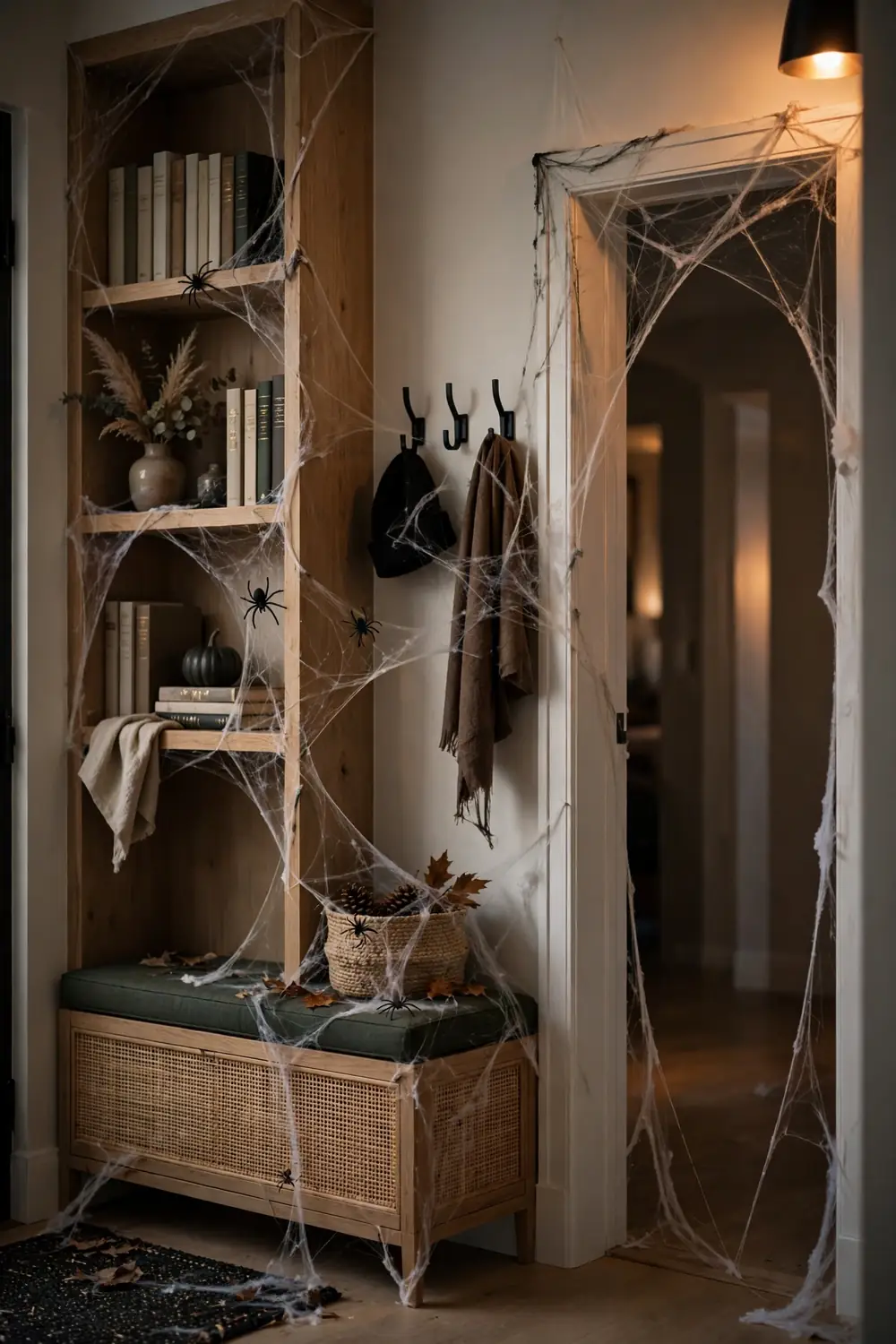 Stretchy cobweb corners with plastic spiders in an entryway, a classic last minute halloween decor idea