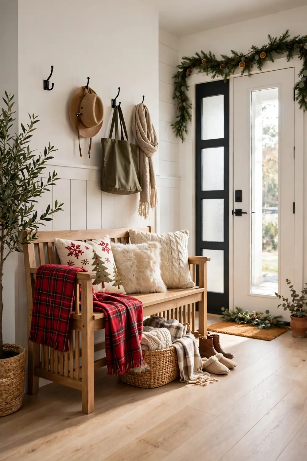 Cozy entryway bench with plaid throw blanket and festive pillows