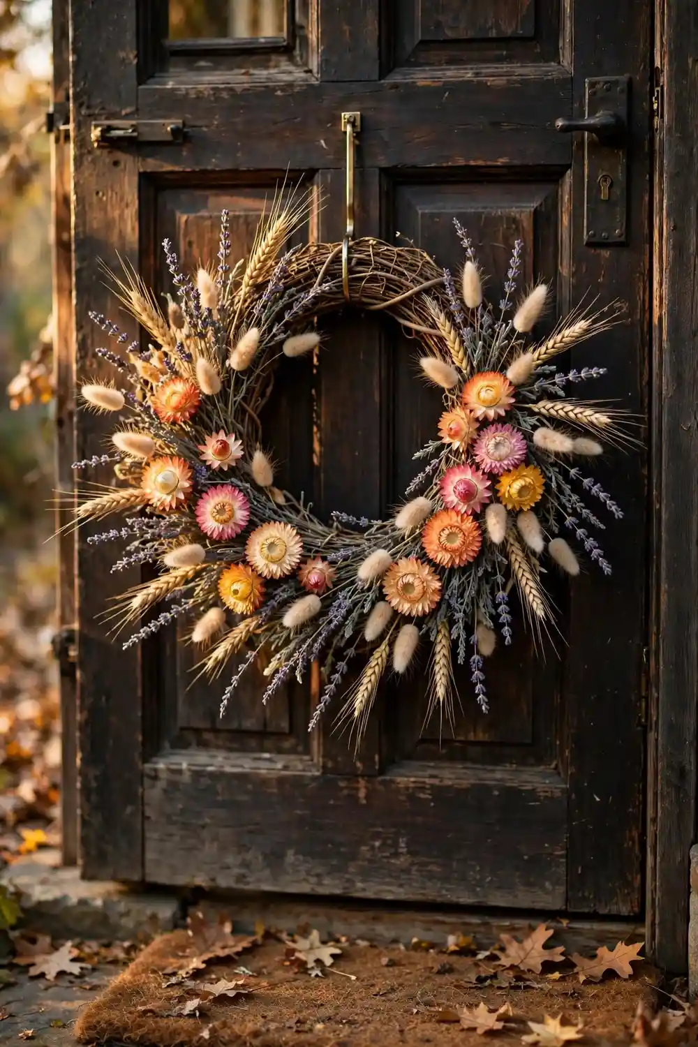 Dried flower wreath with lavender and wheat on front door