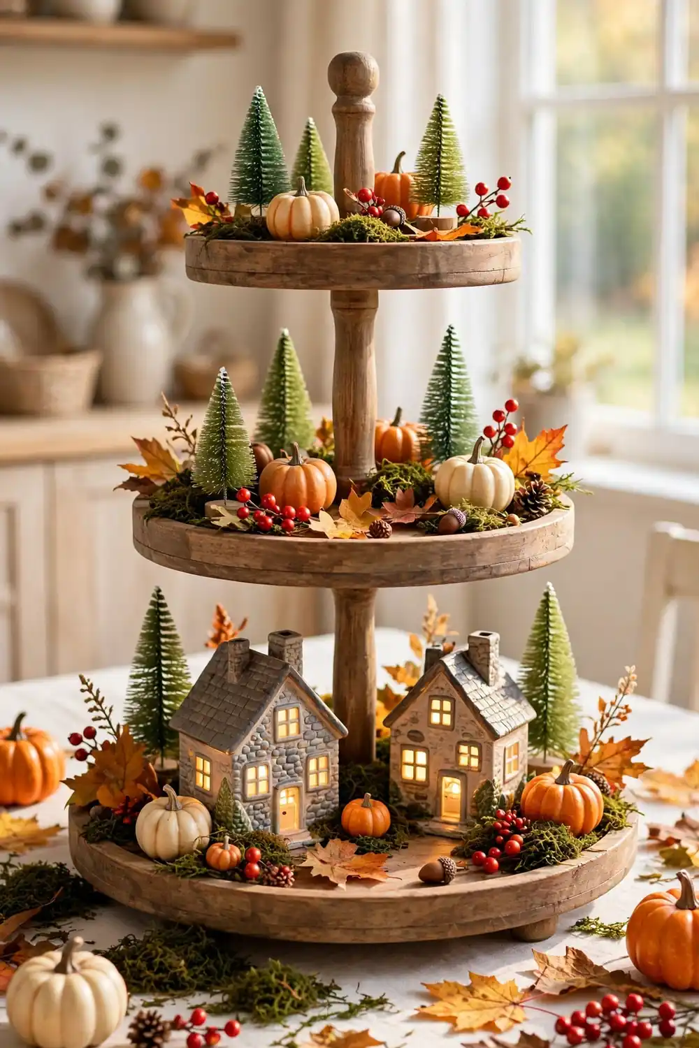 Fall tiered tray decor featuring miniature ceramic harvest houses with warm lights