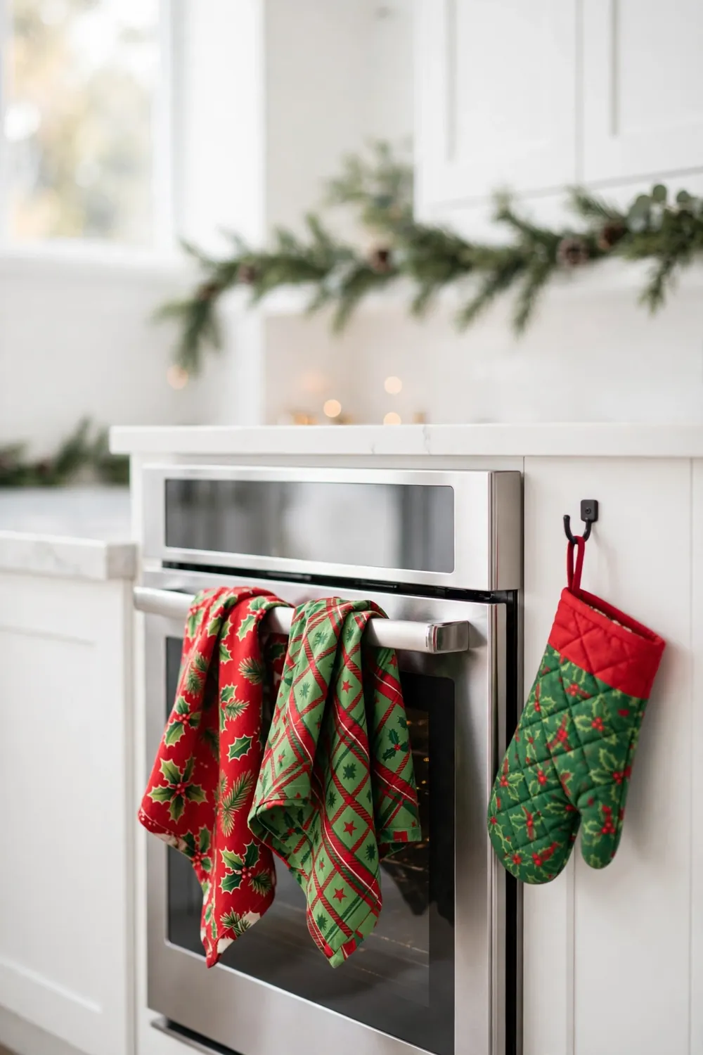 Festive Tea Towels and Oven Mitts in Christmas Prints Christmas kitchen decor ideas with festive red and green tea towels and oven mitts hanging in a bright kitchen