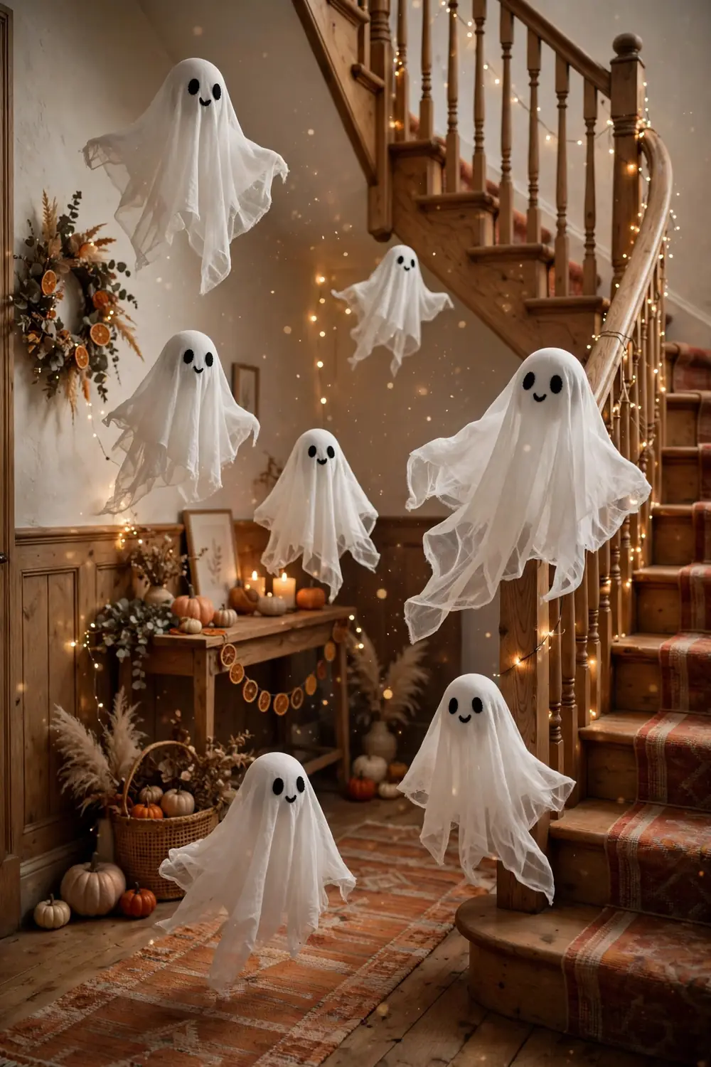 DIY Halloween decorations with floating cheesecloth ghosts in hallway