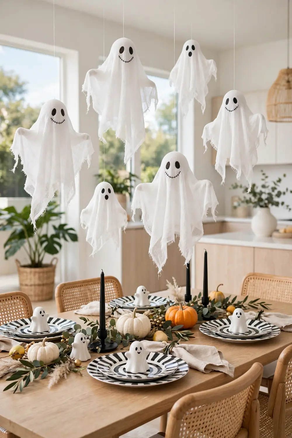 Playful Halloween table decor with floating cheesecloth ghosts and ghost place card holders