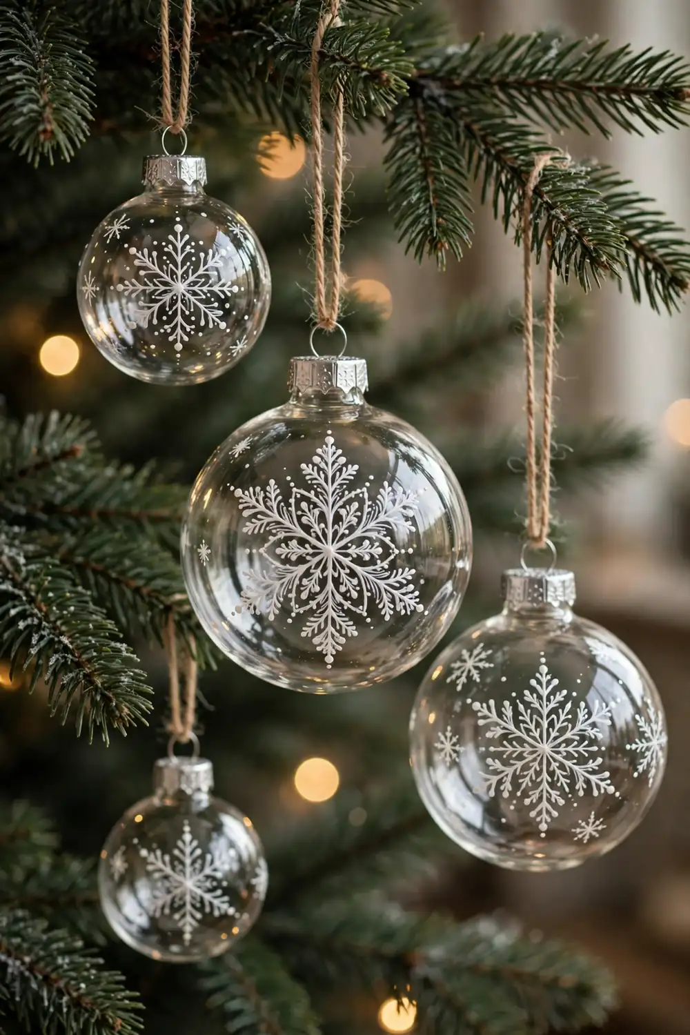 Hand painted glass bauble with delicate snowflakes, a creative diy christmas ornament idea