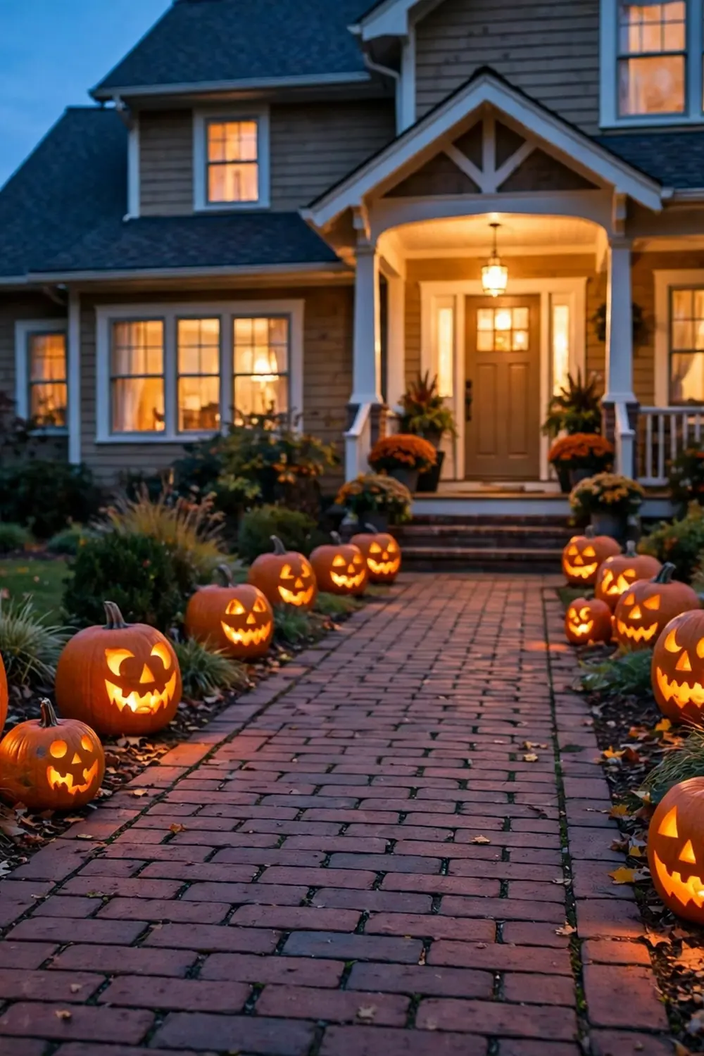 Glowing Pumpkin Walkway Brick walkway lined with glowing carved jack-o'-lanterns at dusk, magical halloween front porch decor