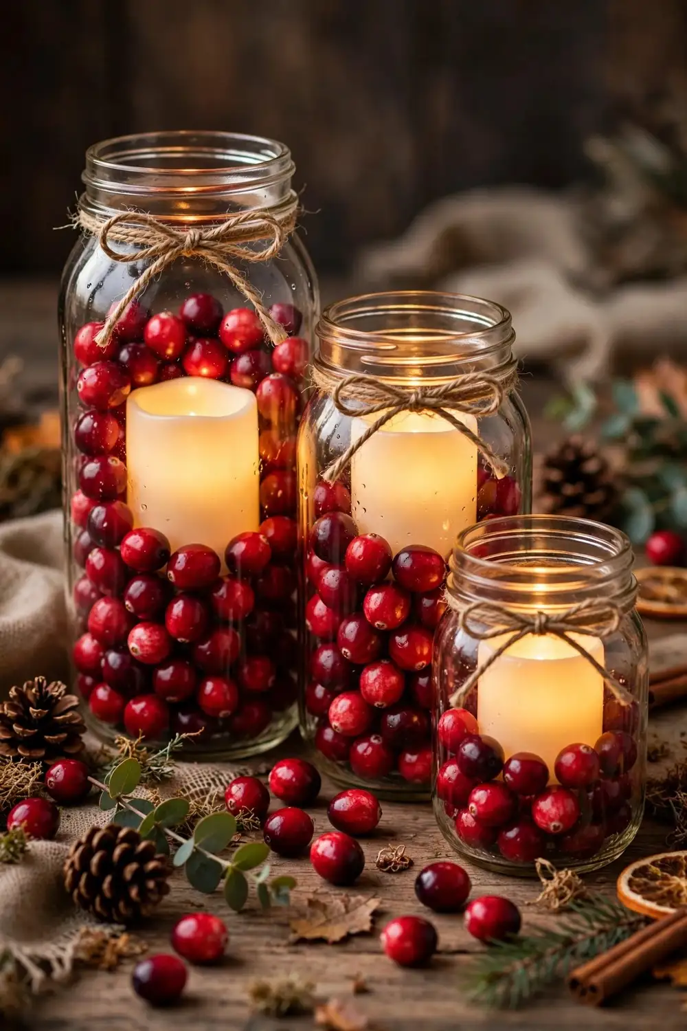 Dollar Tree Thanksgiving decor DIY cranberry mason jar candles