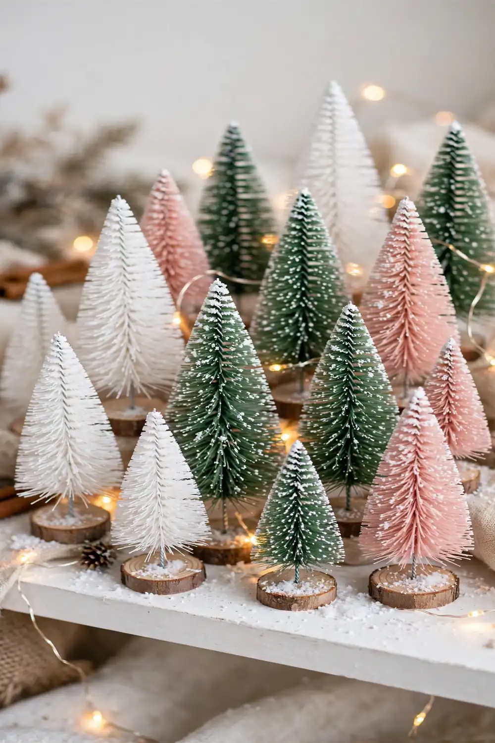 Mini Bottle Brush Tree Forest Forest of mini bottle brush Christmas trees on wooden slices with fairy lights, cute dollar tree christmas decor diy