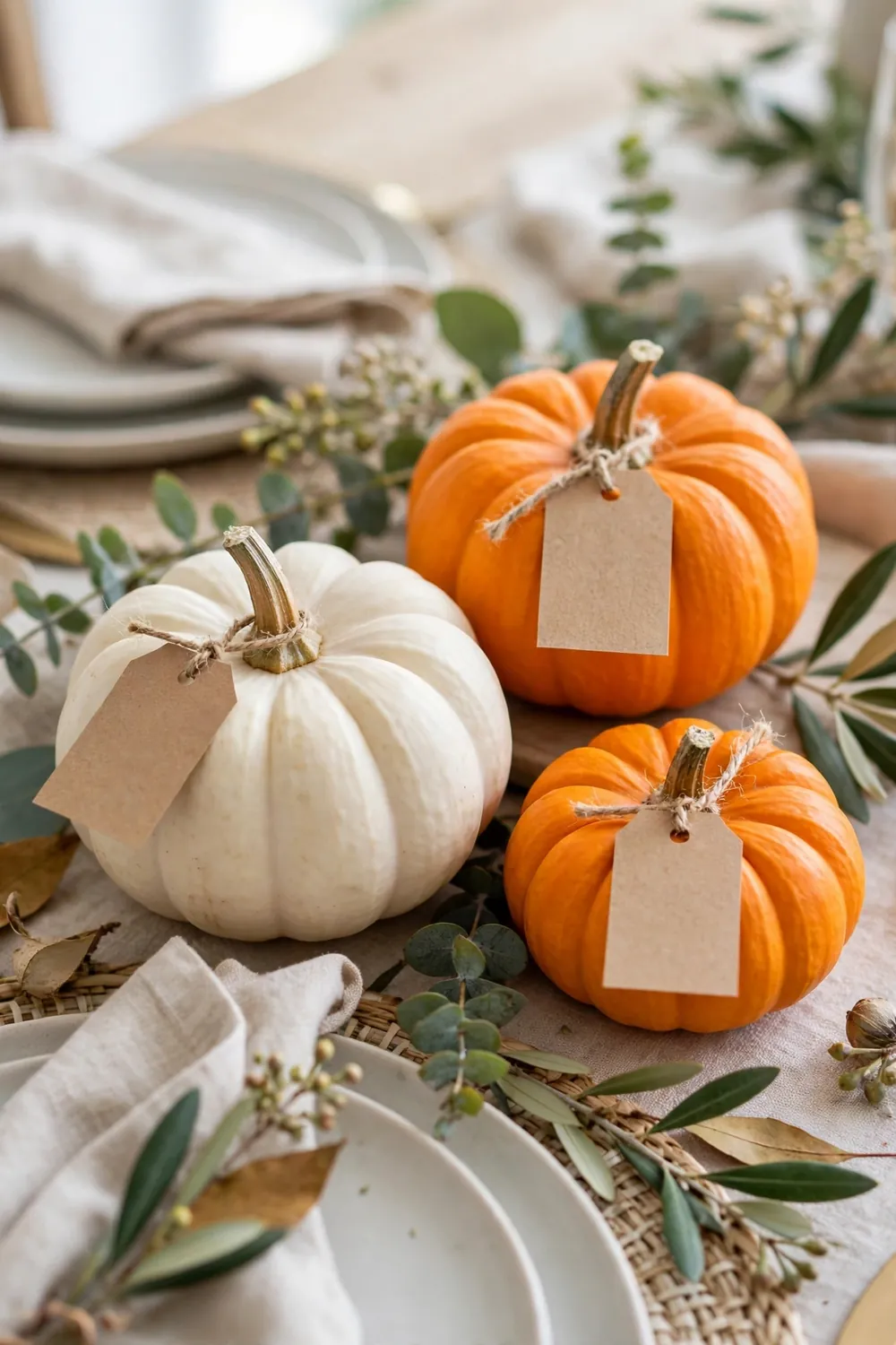 Mini pumpkin place cards with handwritten names on a styled fall table