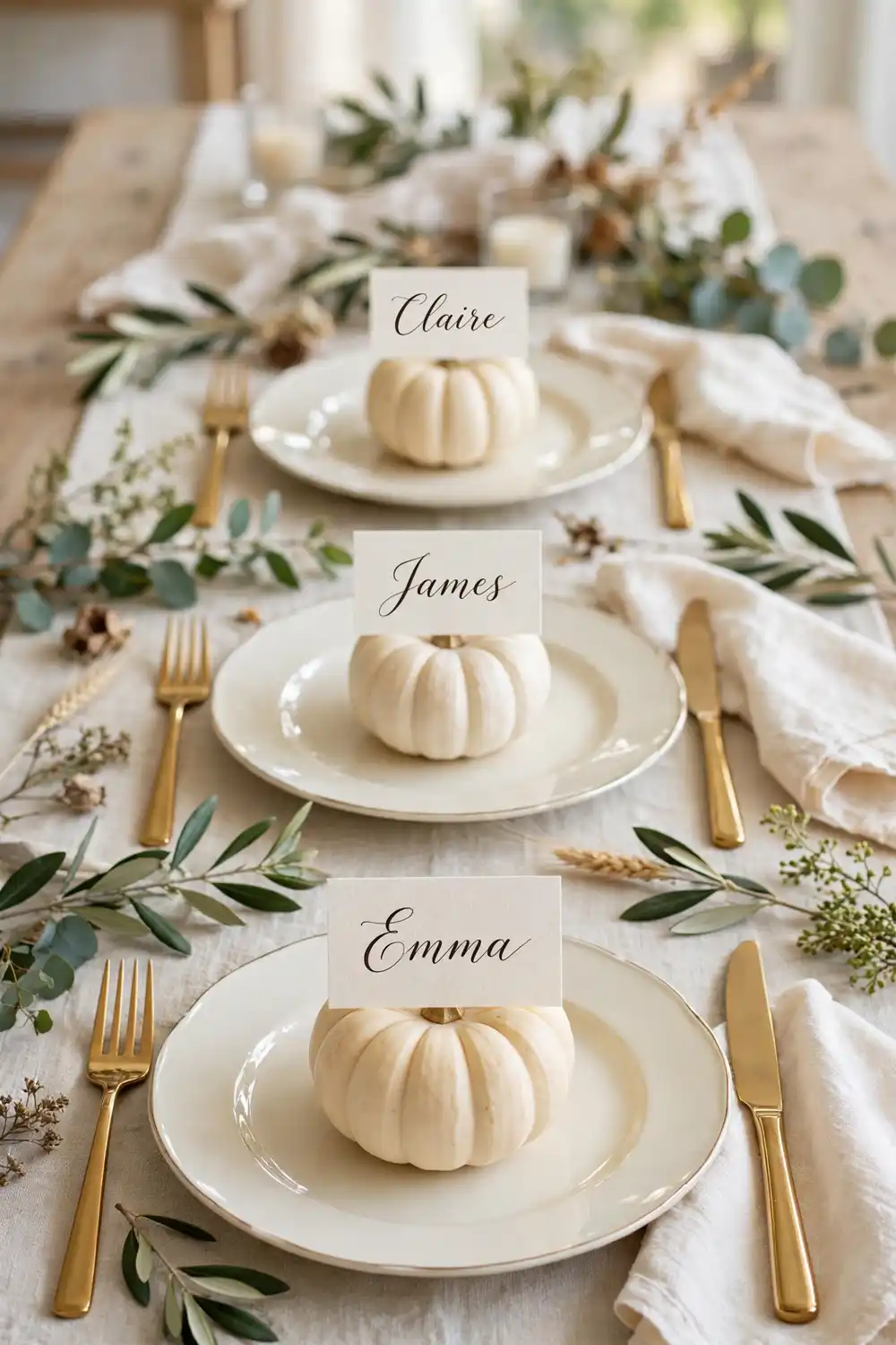 Personalized Mini-Pumpkin Place Cards | Smart Decor Finds Mini pumpkin place cards adding a personal touch to elegant Thanksgiving table decor