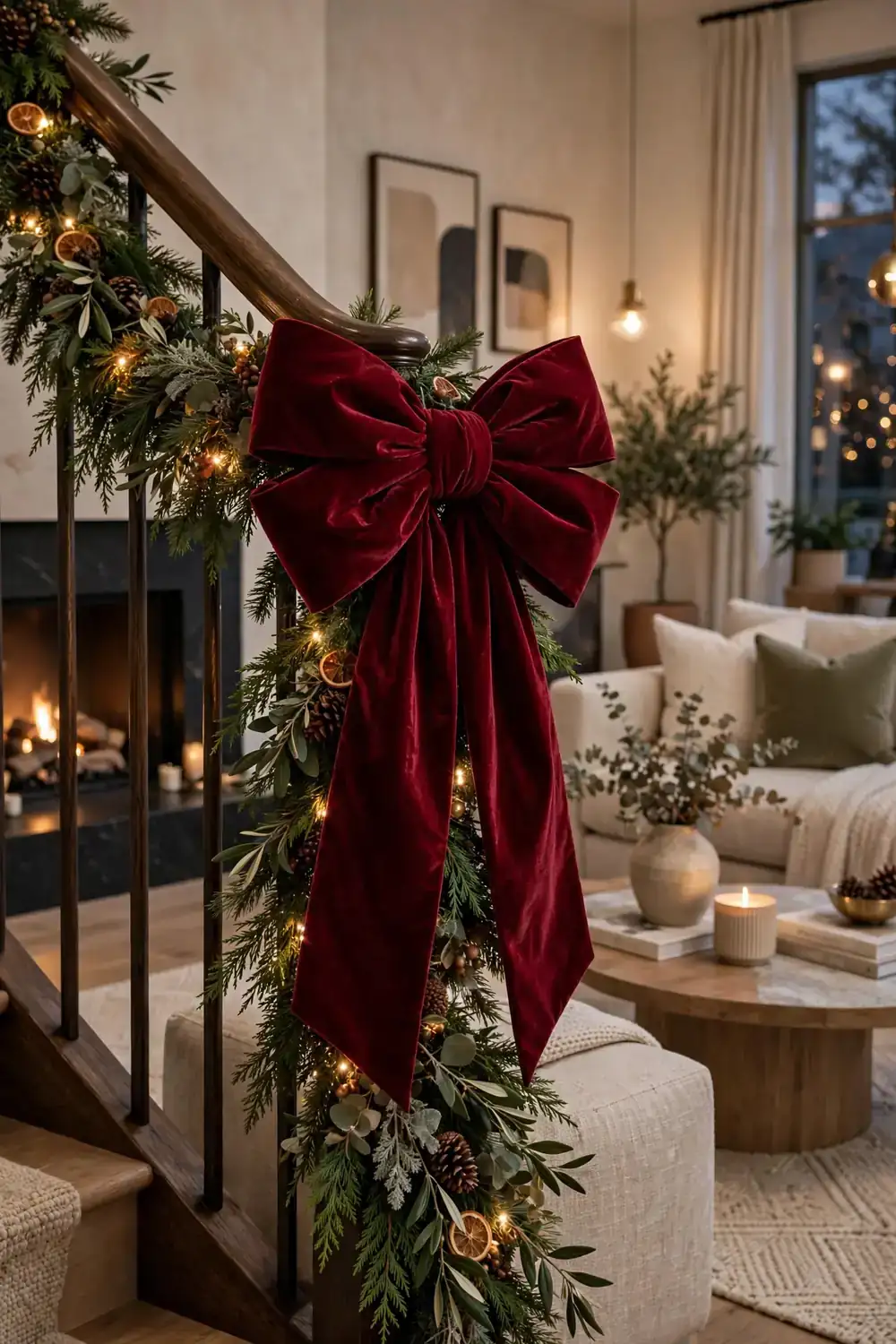 Oversized burgundy velvet bow on a Christmas tree, christmas living room decor ideas statement accent