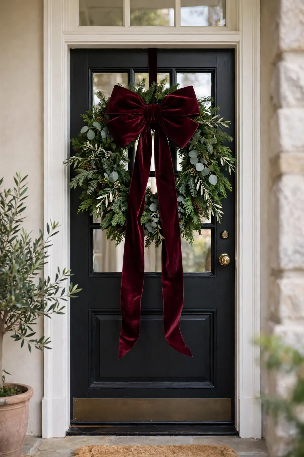 Christmas wreath ideas featuring an oversized velvet bow on lush green branches