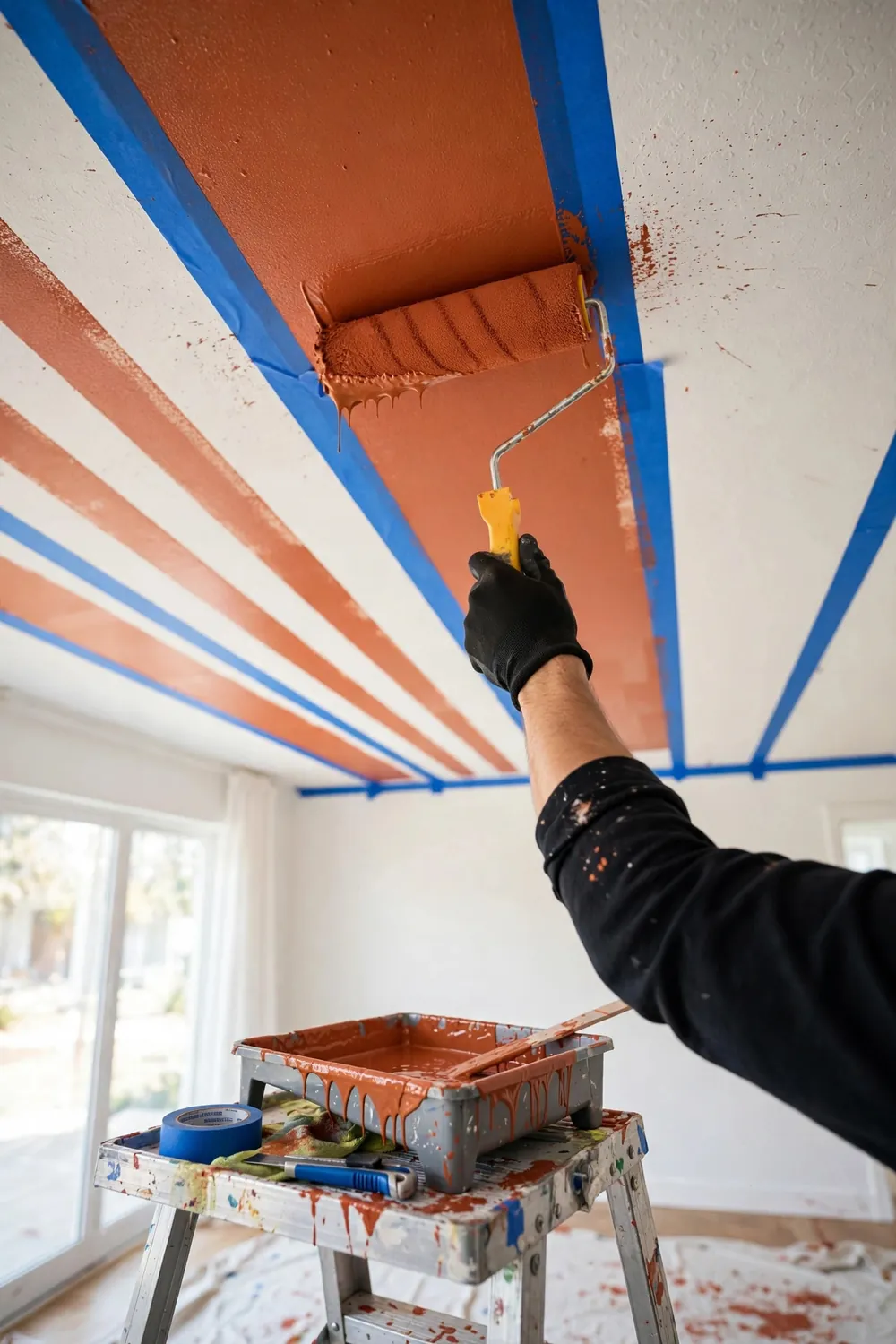 Striped ceiling DIY rolling terracotta paint between tape lines