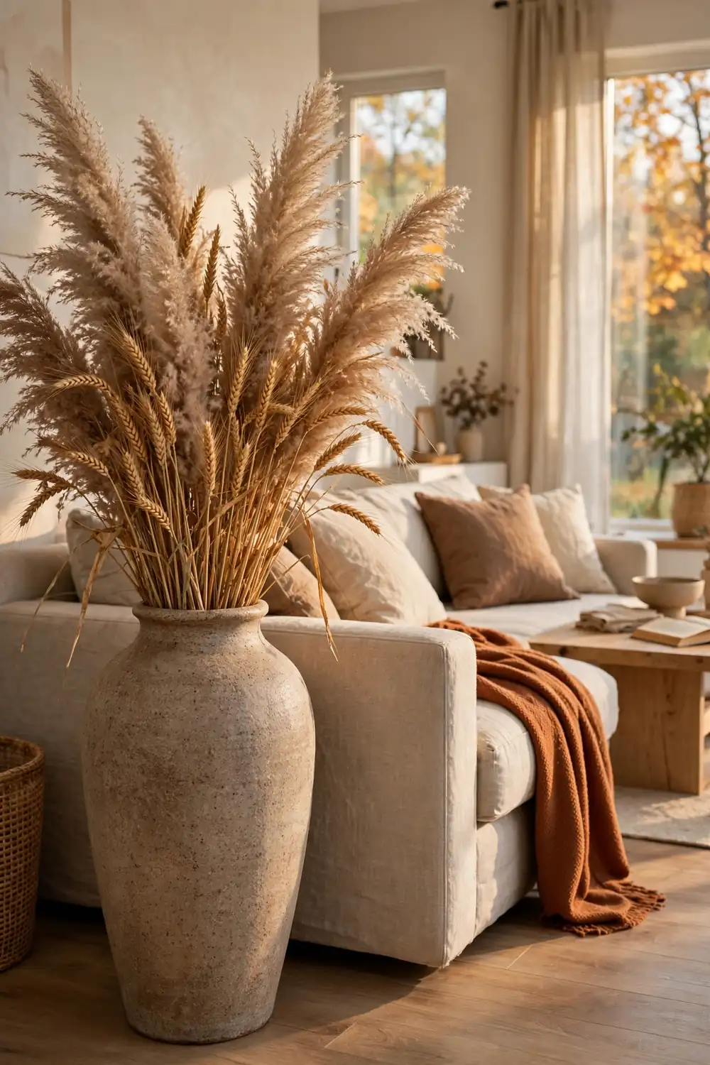 Tall dried pampas grass in a stoneware floor vase, a cozy fall living room decor idea