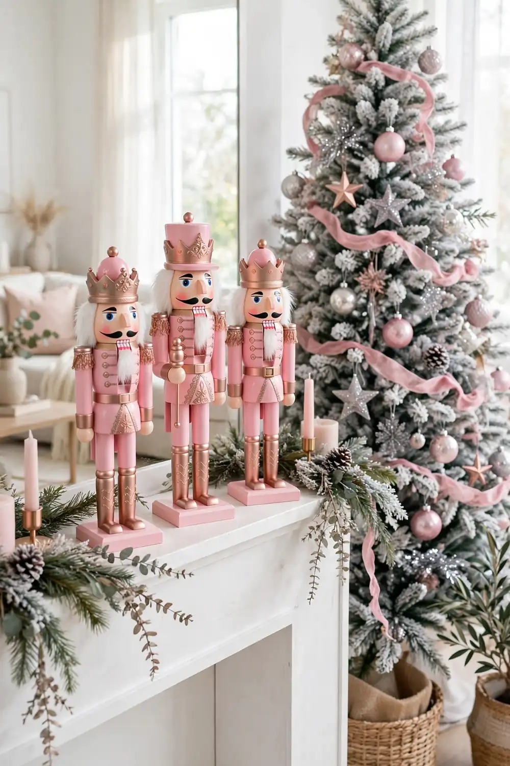 Pink nutcracker christmas decor ideas with rose gold accents beside a flocked Christmas tree