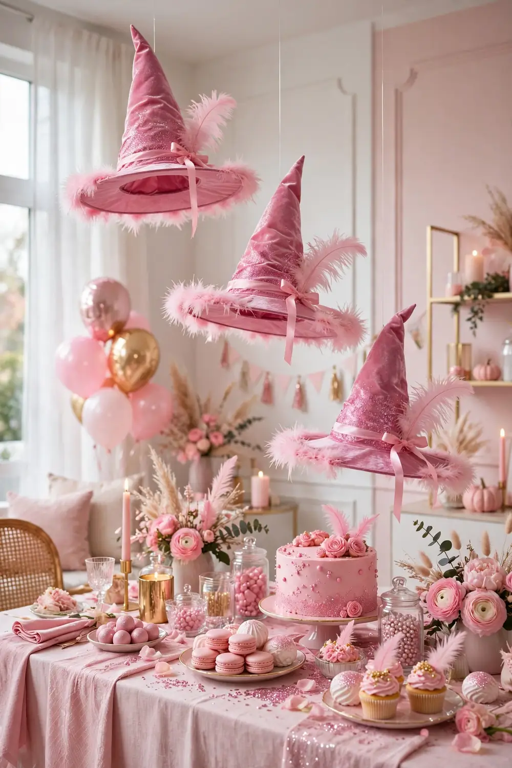 Pink witch hats with glitter and ribbons styled on a wall, witchy pink halloween decor ideas