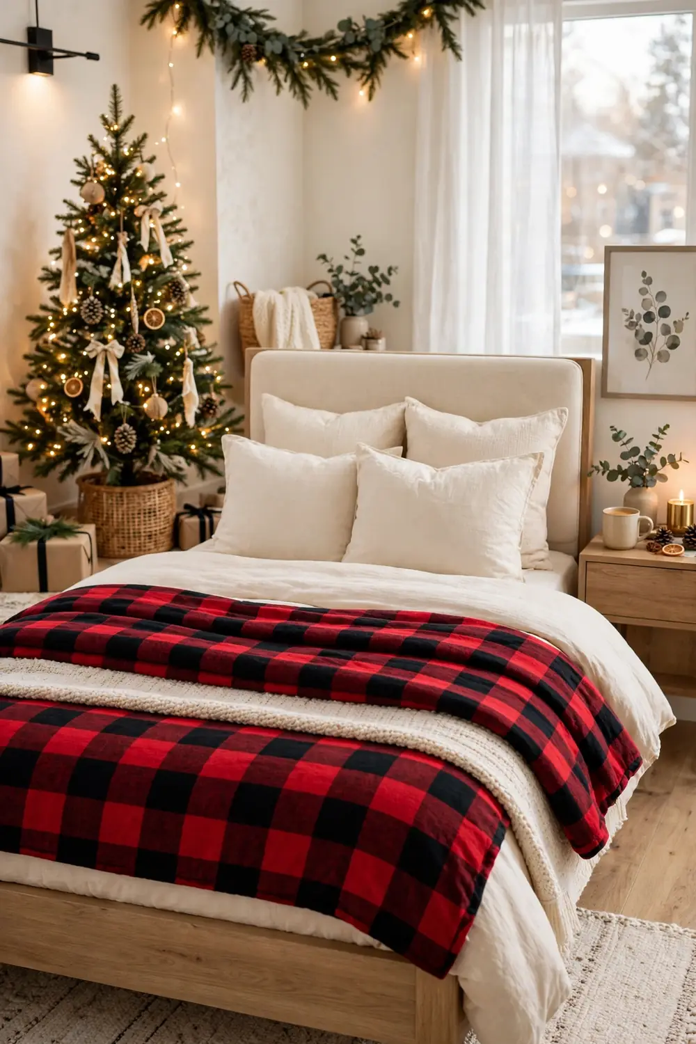Plaid flannel bedding layers for Christmas Red buffalo check plaid flannel bedding layered on a bed for cozy christmas bedroom decor