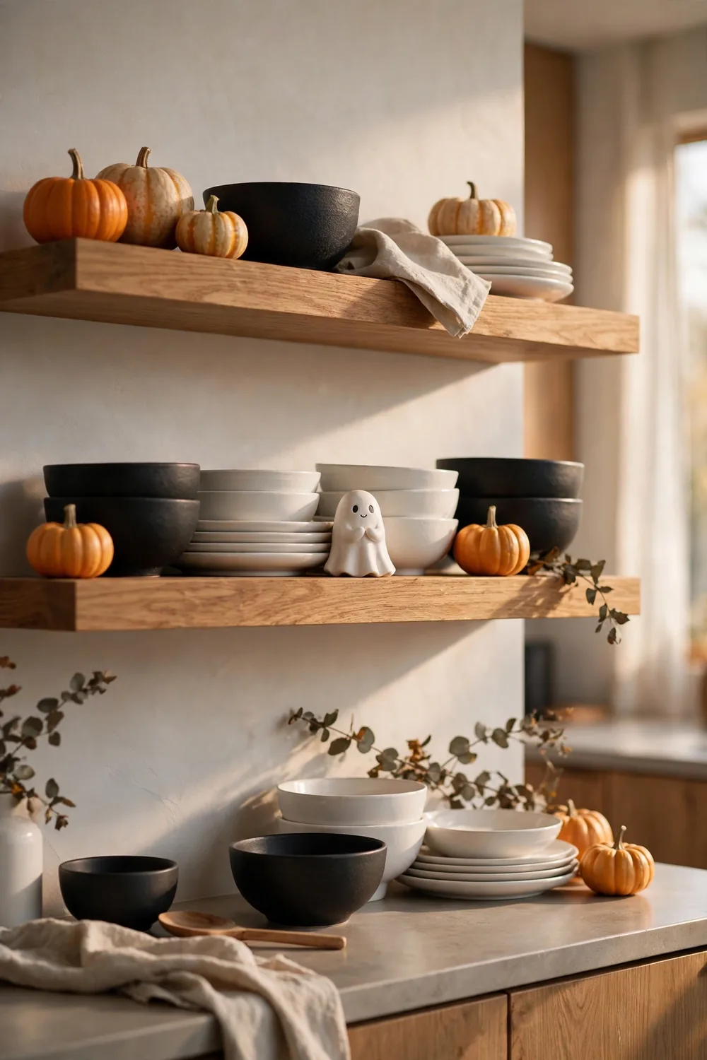 Halloween kitchen decor on open shelves styled with small pumpkins, black bowls, and a tiny ghost figurine