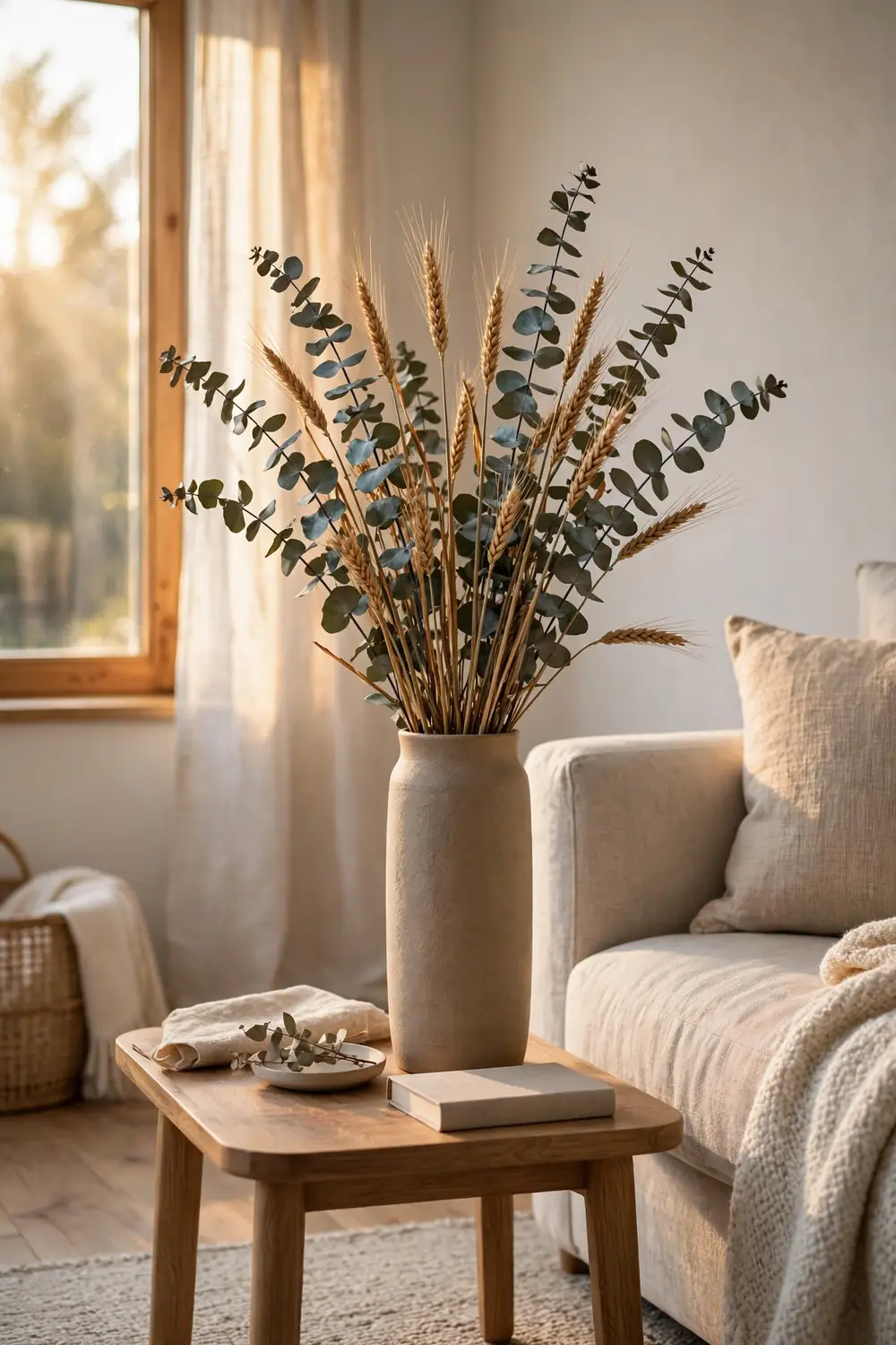 Dried eucalyptus and floral arrangement in a vase, featured in these thanksgiving living room decor ideas