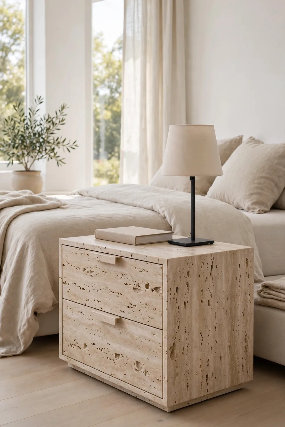 Travertine Look Nightstand Flip Nightstand with faux travertine stone paint finish in a modern bright bedroom