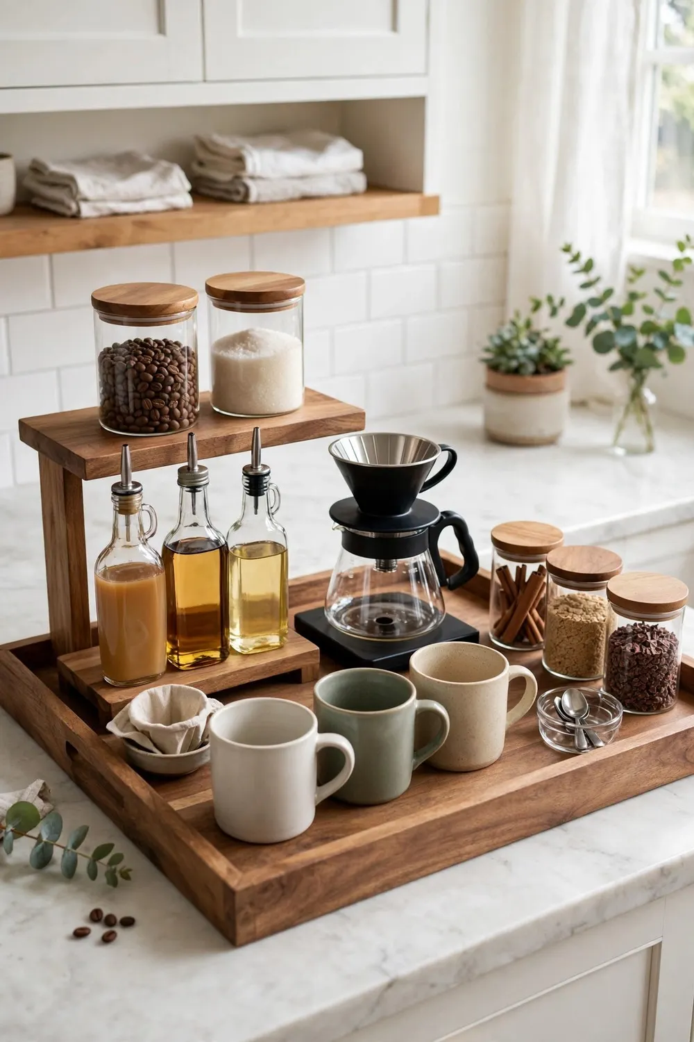 How to set up a coffee station at home organized with trays and zones