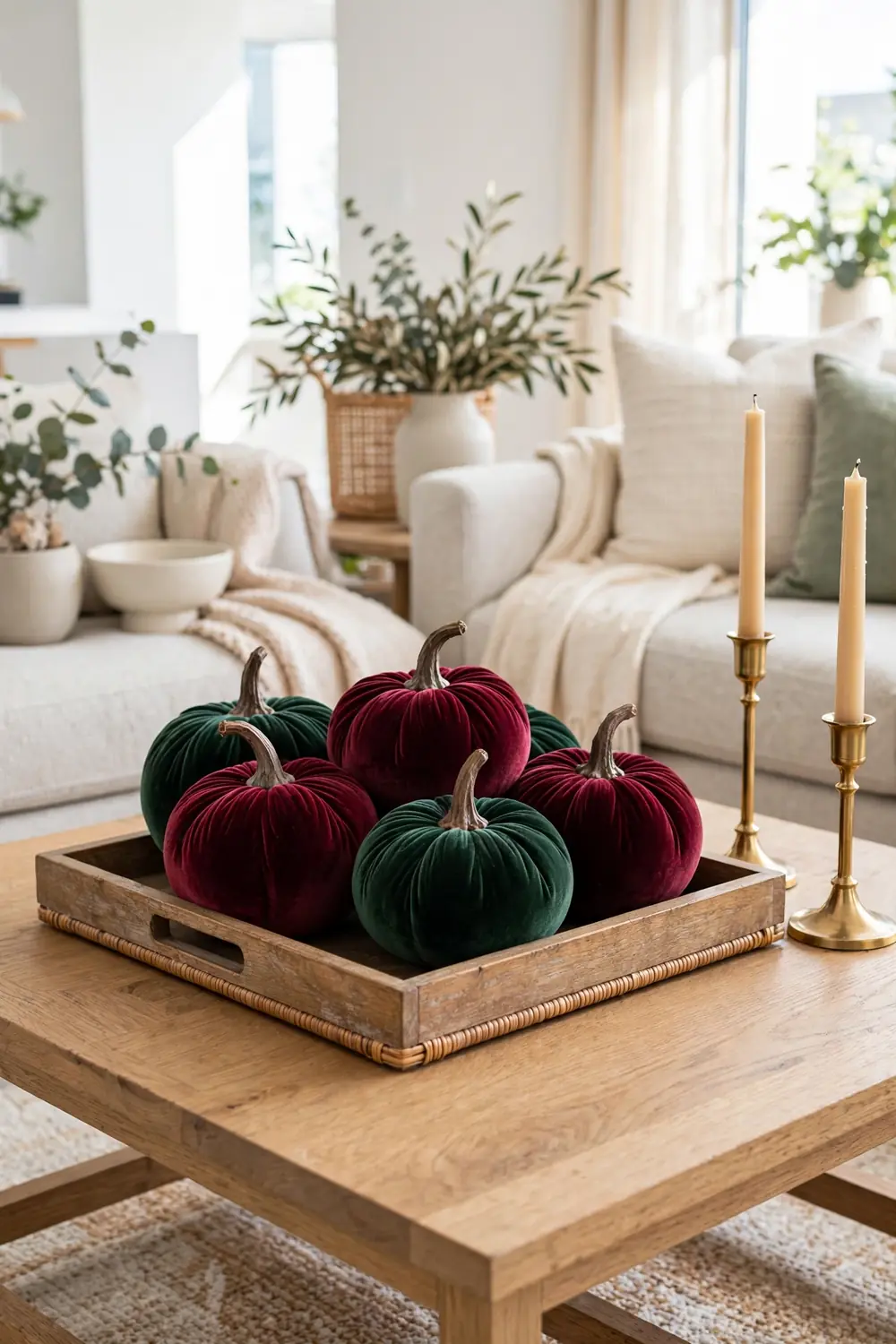 Plush burgundy and forest green velvet pumpkins clustered on a coffee table tray with brass candlesticks