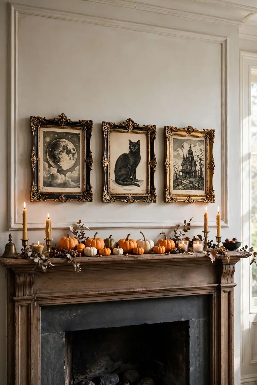 Vintage Halloween art gallery mantel decor Halloween mantel styled with vintage spooky art prints in ornate frames