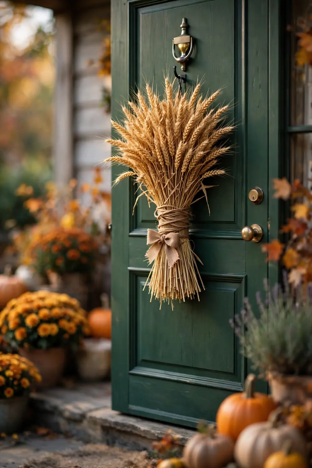 Golden wheat sheaf bundle tied with twine on a fall front door, a simple standout from fall front door decor ideas