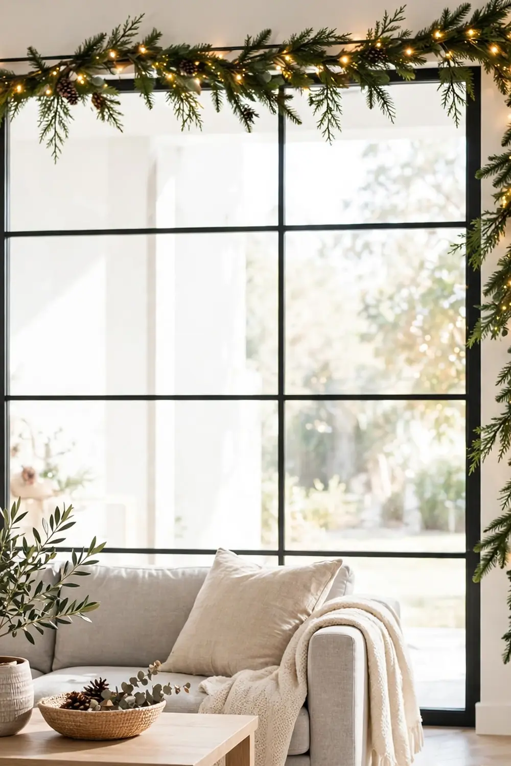 Christmas garland ideas for a window frame with slim evergreen garland and twinkling warm lights for a festive living room