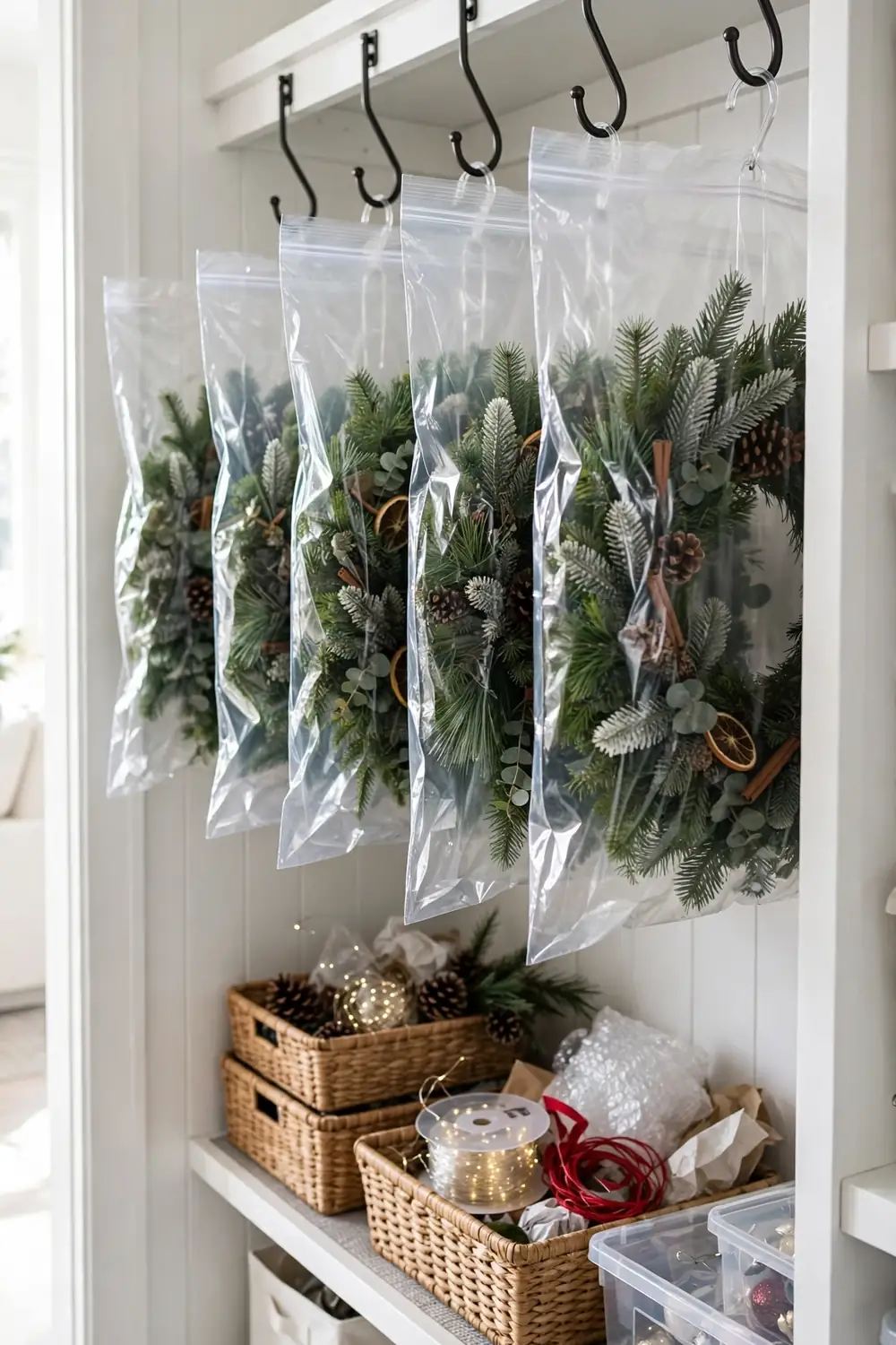 Wreath Storage Bags Round wreath storage bags hanging on closet hooks keeping Christmas wreaths protected, holiday decor storage ideas